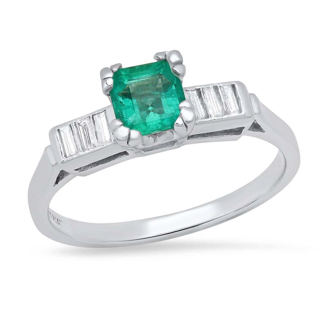 Platinum Setting with 0.58ct Emerald and 0.15ct Diamond Ladies Ring: Retail: $3,440.00 ****** Platinum Setting with 0.58ct Emerald and 0.15ct Diamond Ladies Ring ****** Size: 8(we offer free resizing to winning bidders) / Metal: Platinum / Total Item Weight: 4.7 Grams 