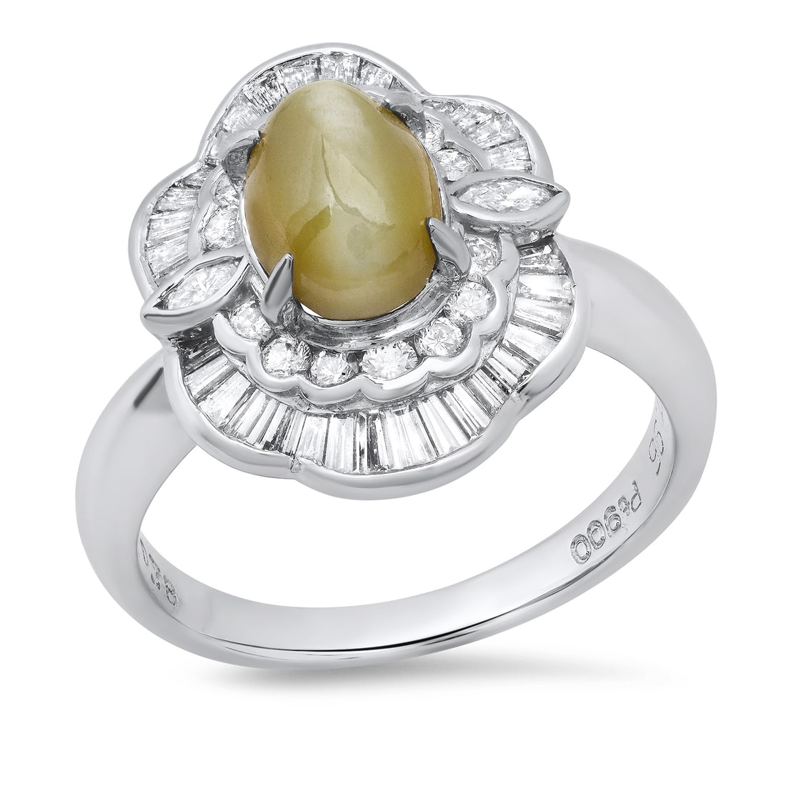 Platinum Setting with 1.95ct Cat's Eye Alexandrite and 0.78ct Diamond Ladies Ring: Retail: $8,680.00 ****** Platinum Setting with 1.95ct Cat's Eye Alexandrite and 0.78ct Diamond Ladies Ring ****** Size: 5(we offer free resizeng to winning bidders) / Metal: Platinum / Total Item Weig