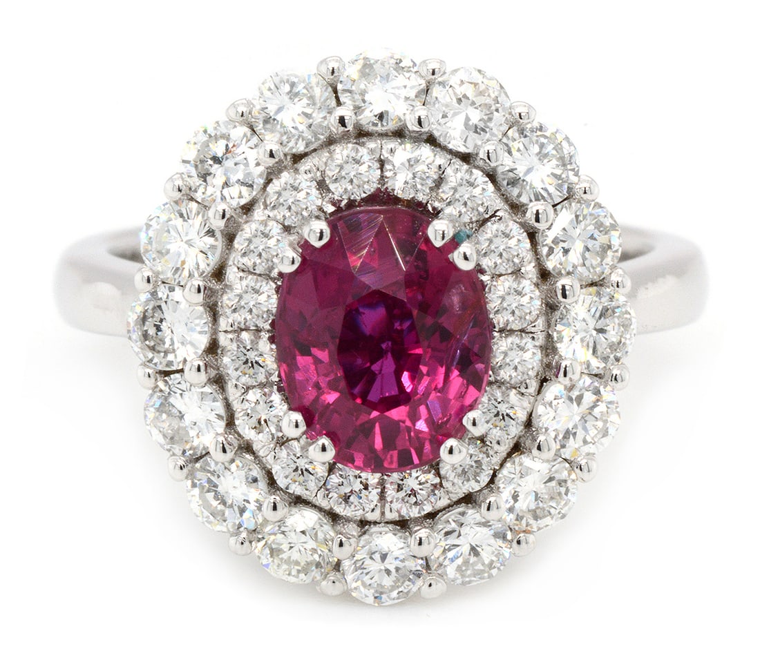 18K White Gold Ladies Ring with 2.04ct GIA Certified Ruby and 1.31ct tw Adjacent Diamonds: Retail: $49,000.00 ****** 18K White Gold Ladies Ring with 2.04ct GIA Certified Ruby and 1.31ct tw Adjacent Diamonds ****** Size: 6.5 / Metal: 18K White Gold / Total Item Weight: 7.1 Grams / Country Ma