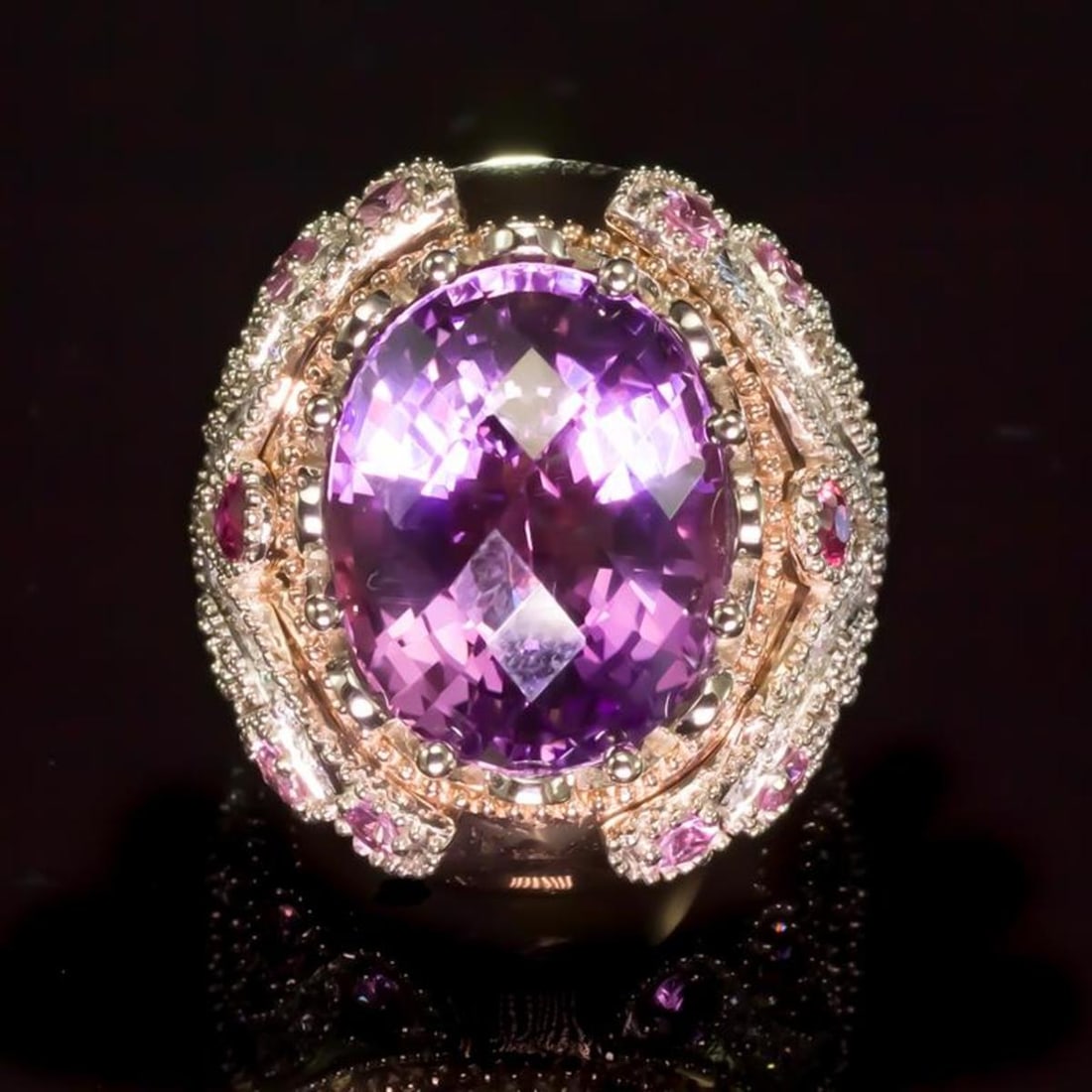 14K Rose and White Gold 16.01ct Amethyst 1.08ct Sapphire and 1.29ct Diamond Ring: Retail: $12,025.00 ****** 14K Rose and White Gold 16.01ct Amethyst 1.08ct Sapphire and 1.29ct Diamond Ring ****** Metal: 14K Rose and White Gold / Total Item Weight: 20.3 Grams / Country Made: United 