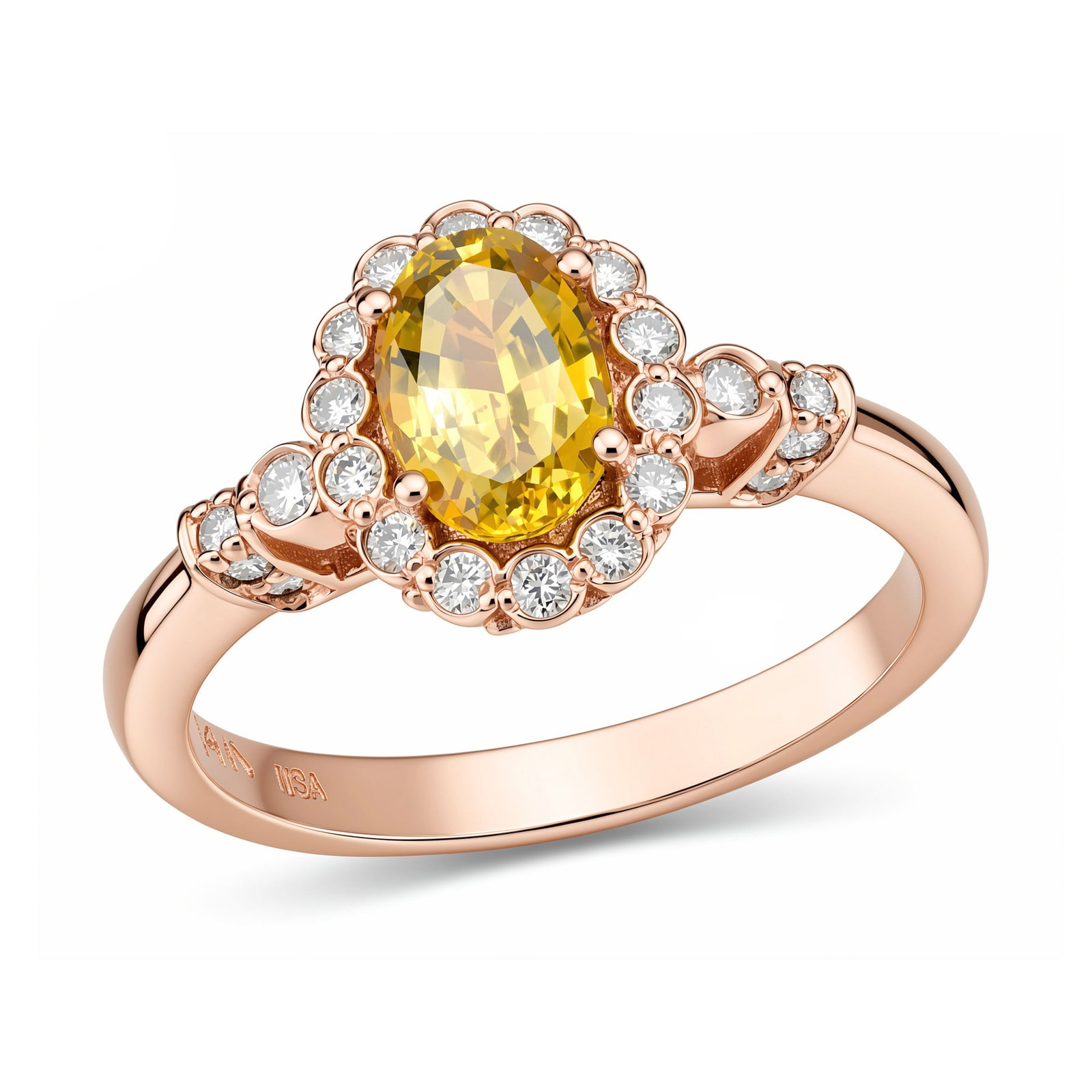 14K Rose Gold Ladies Ring with 1.1ct Yellow Sapphire and 0.26tcw Adjacent Diamonds: Retail: $9,275.00 ****** 14K Rose Gold Ladies Ring with 1.1ct Yellow Sapphire and 0.26tcw Adjacent Diamonds ****** Size: 7 / Metal: 14K Rose Gold / Total Item Weight: 3.1 Grams / Country Made: United 
