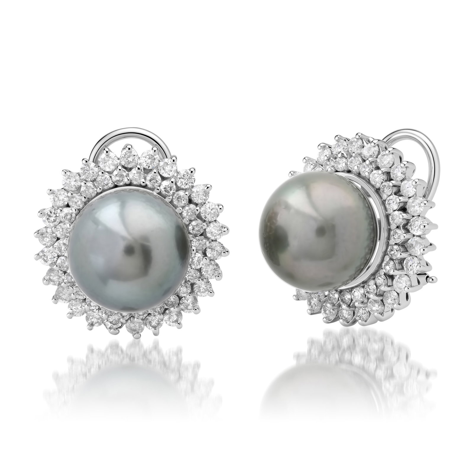 14K White Gold Ladies Earrings with two 13mm Tahitian Pearls and 2.33tcw Adjacent Diamonds: Retail: $27,453.00 ****** 14K White Gold Ladies Earrings with two 13mm Tahitian Pearls and 2.33tcw Adjacent Diamonds ****** Metal: 14K White Gold / Total Item Weight: 17.8 Grams / Country Made: United