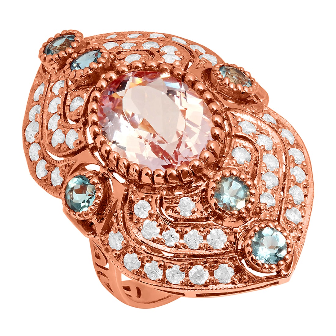 14k Rose Gold 4.46ct Kunzite 1.00ct Aquamarine 1.28ct Diamond Ring: Retail: $10,815.00 ****** 14k Rose Gold 4.46ct Kunzite 1.00ct Aquamarine 1.28ct Diamond Ring ****** Metal: 14K Rose Gold / Total Item Weight: 11.80 grams / Country Made: United States / / Main Stone: 