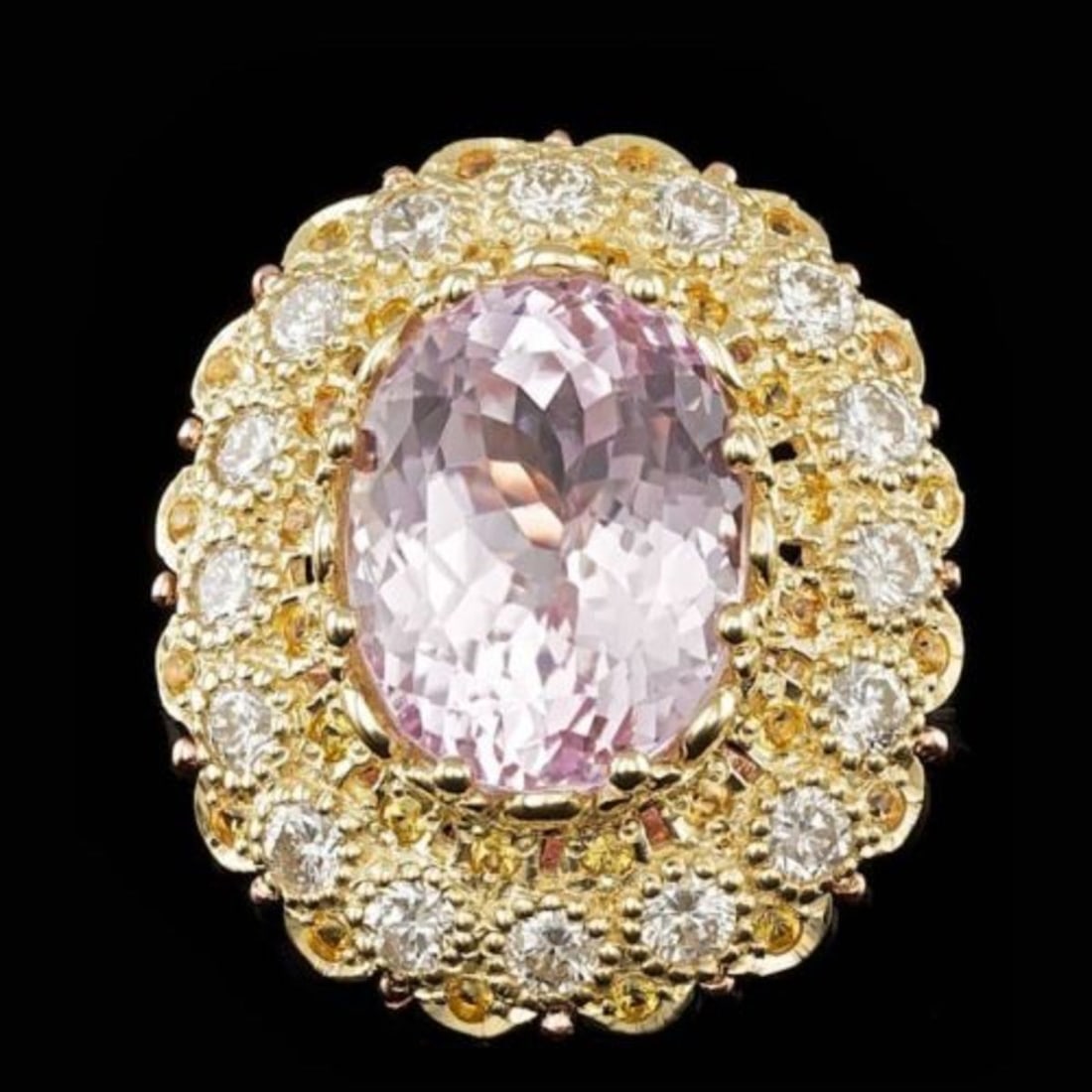 14K Yellow and Pink Gold 14.15ct Kunzite and 2.07ct Diamond Ring: Retail: $22,300.00 ****** 14K Yellow and Pink Gold 14.15ct Kunzite and 2.07ct Diamond Ring ****** Metal: 14K Yellow and Pink Gold / Total Item Weight: 14.0 Grams / Country Made: United States / / Main
