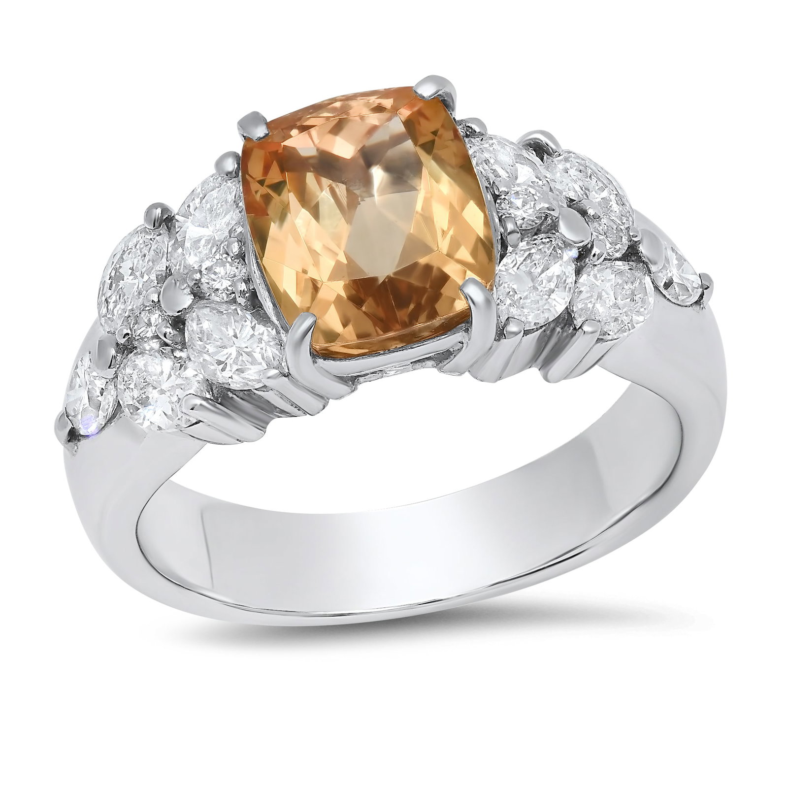 Platinum setting with 2.99ct Orange Topaz and 1.00tcw Adjacent Diamonds: Retail: $9,932.00 ****** Platinum setting with 2.99ct Orange Topaz and 1.00tcw Adjacent Diamonds ****** Size: 7 (we offer free resizing to winning bidders) / Metal: Platinum / Total Item Weight: 11.1 