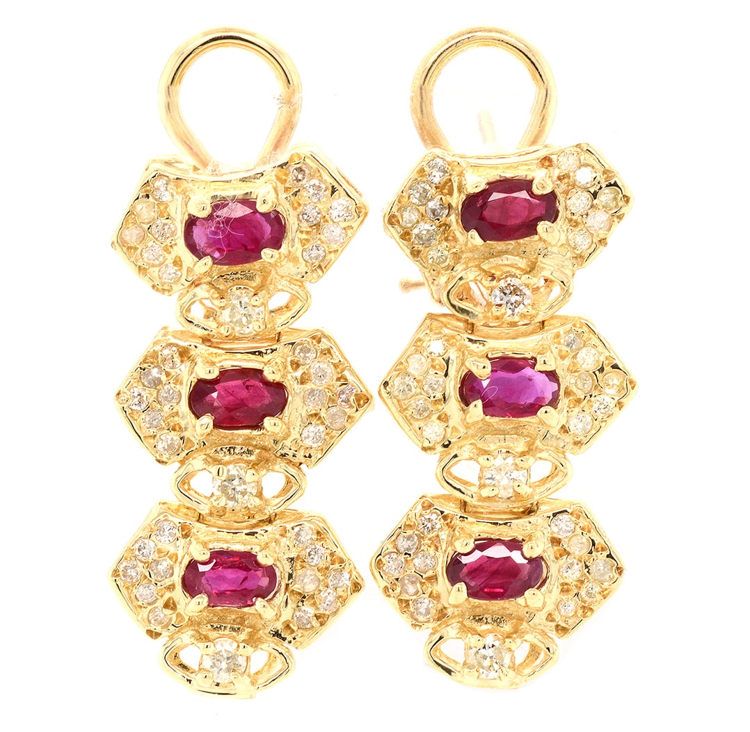 14K Yellow Gold Ladies Earrings with 1.71ct tw Rubies and 0.89ct tw Adjacent Diamonds: Retail: $4,500.00 ****** 14K Yellow Gold Ladies Earrings with 1.71ct tw Rubies and 0.89ct tw Adjacent Diamonds ****** Metal: 14K White Gold / Total Item Weight: 11 Grams / Country Made: United States 