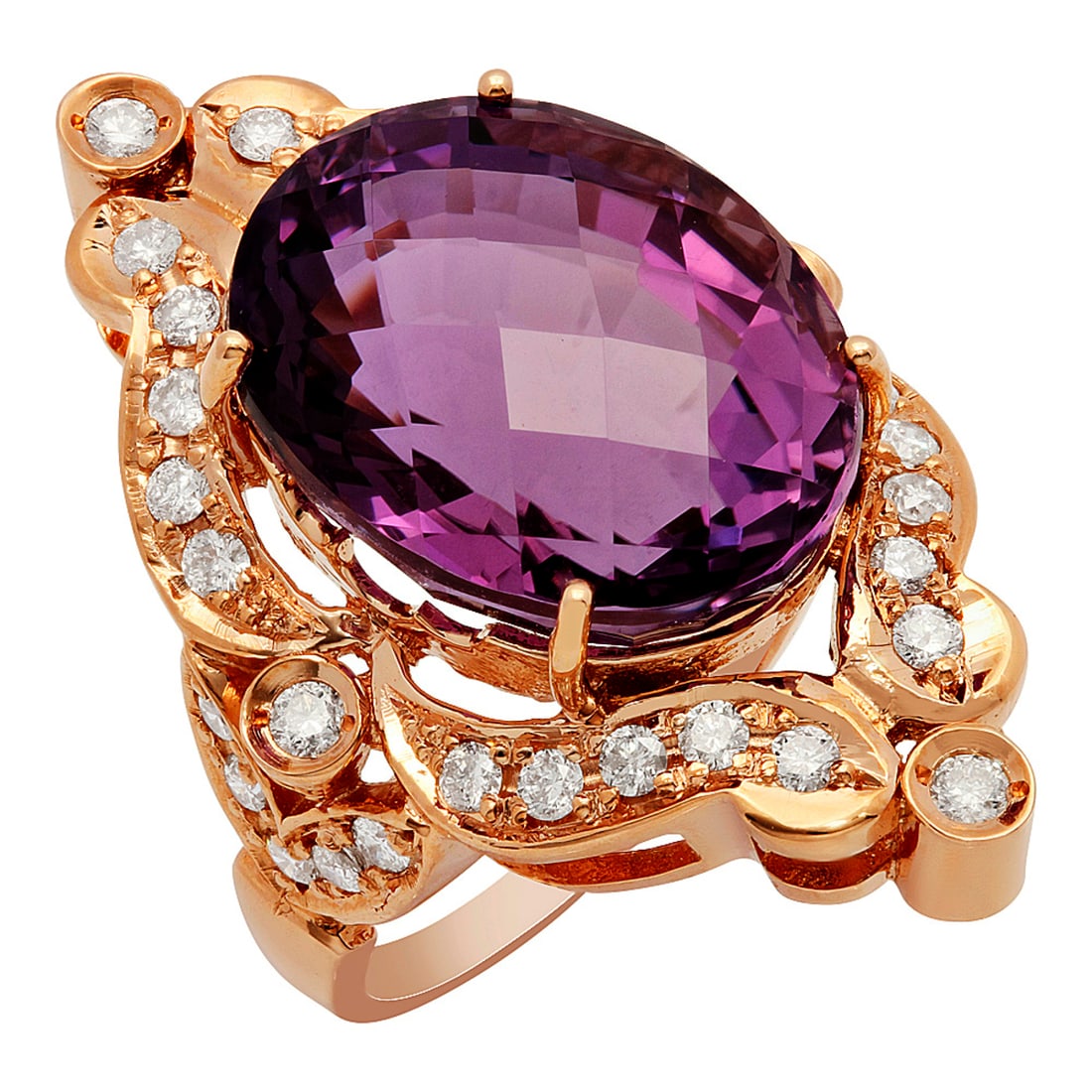 14k Rose Gold 17.84ct Amethyst 1.12ct Diamond Ring: Retail: $10,780.00 ****** 14k Rose Gold 17.84ct Amethyst 1.12ct Diamond Ring ****** Metal: 14K Rose Gold / Total Item Weight: 12.70 grams / Country Made: United States / / Main Stone: Amethyst /