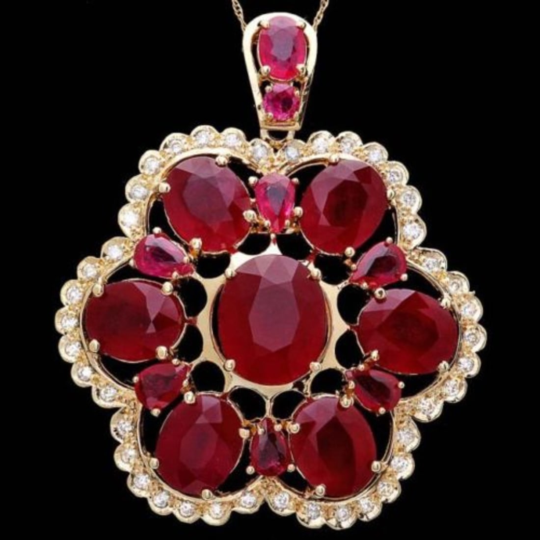 14K Gold 36.76ct Ruby and 0.97ct Diamond Pendant: Retail: $18,000.00 ****** 14K Gold 36.76ct Ruby and 0.97ct Diamond Pendant ****** Metal: 14K Yellow Gold / Total Item Weight: 19.0 Grams / Country Made: United States / / Main Stone: Ruby / Color: