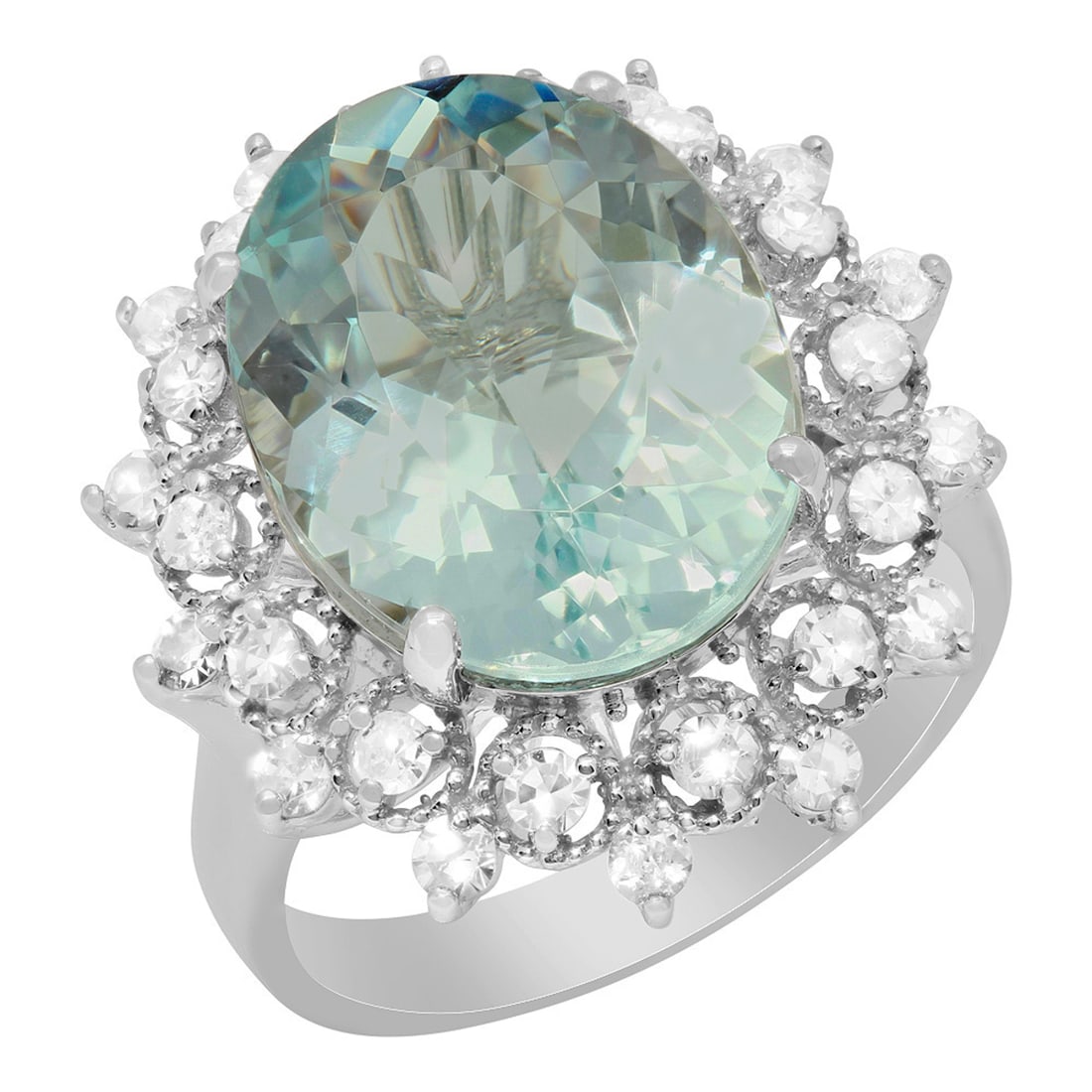 14k White Gold 7.06ct Aquamarine 0.74ct Diamond Ring: Retail: $14,945.00 ****** 14k White Gold 7.06ct Aquamarine 0.74ct Diamond Ring ****** Metal: 14K White Gold / Total Item Weight: 6.40 grams / Country Made: United States / / Main Stone: Aquamarine /