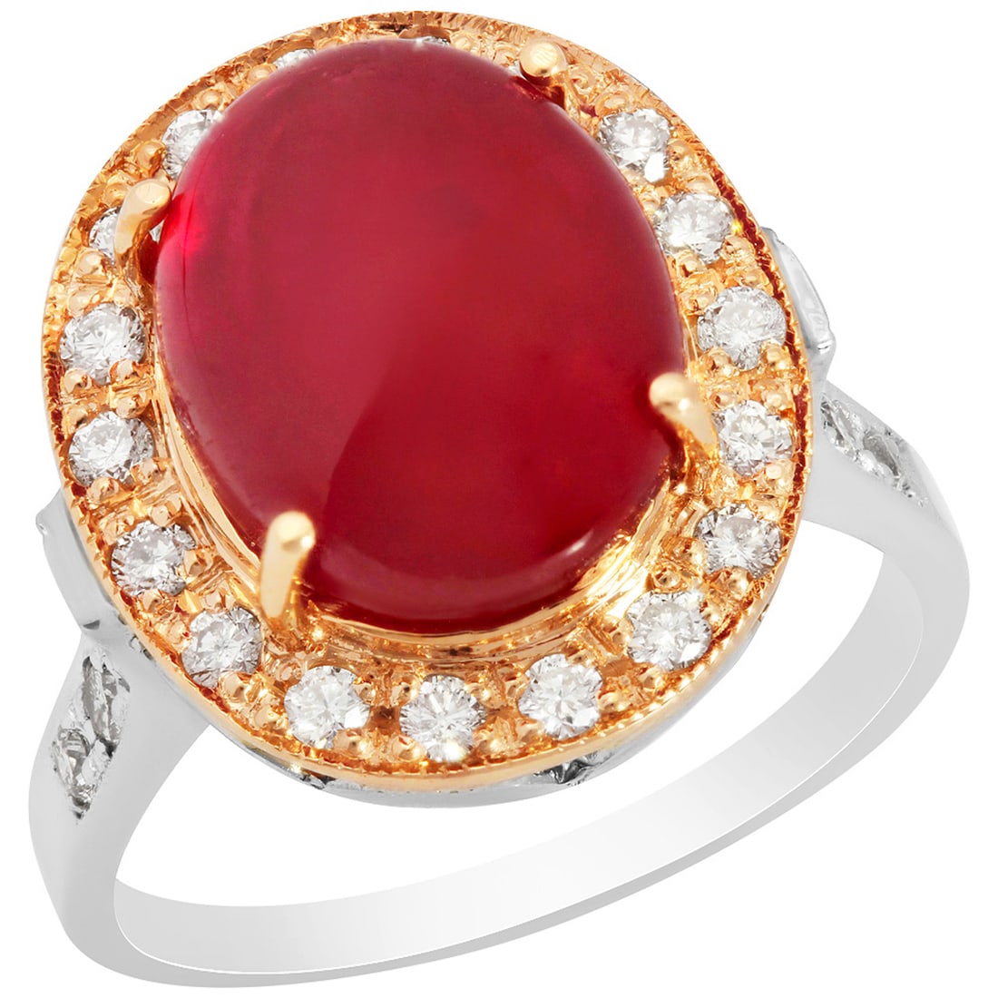 14k White & Rose Gold 8.62ct Ruby 0.62ct Diamond Ring: Retail: $4,750.00 ****** 14k White & Rose Gold 8.62ct Ruby 0.62ct Diamond Ring ****** Metal: 14K White & Rose Gold / Total Item Weight: 7.10 grams / Country Made: United States / / Main Stone: Ruby /