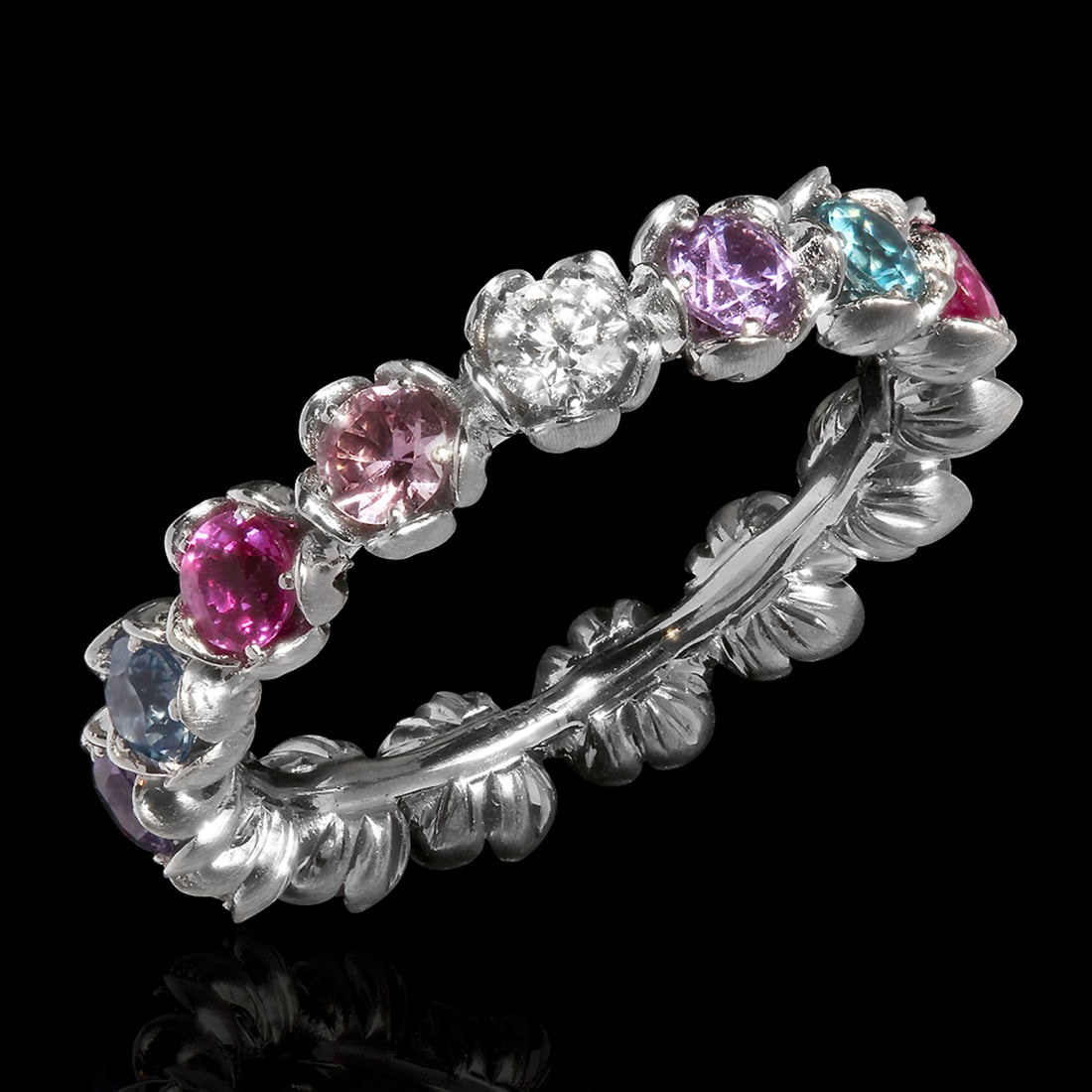 18k White Gold 1.89ct Sapphire 0.39ct Diamond Eternity Band Ring: Retail: $3,530.00 ****** 18k White Gold 1.89ct Sapphire 0.39ct Diamond Eternity Band Ring ****** Metal: 18K White Gold / Total Item Weight: 4.1 grams / Country Made: United States / / Main Stone: