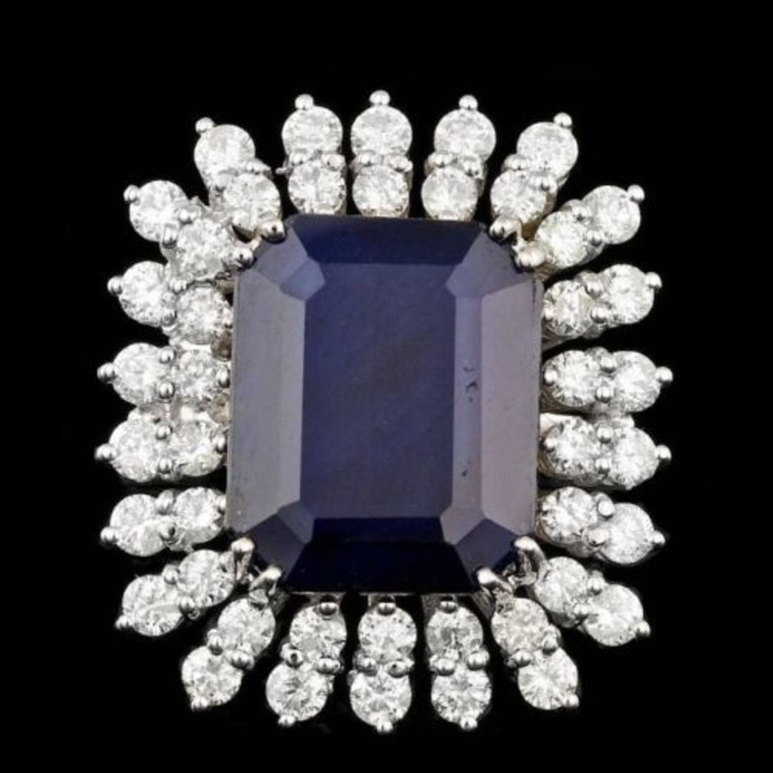 14K White Gold 13.69ct Sapphire and 2.44ct Diamond Ring: Retail: $21,405.00 ****** 14K White Gold 13.69ct Sapphire and 2.44ct Diamond Ring ****** Metal: 14K White Gold / Total Item Weight: 11.8 Grams / Country Made: United States / / Main Stone: Sapphire /