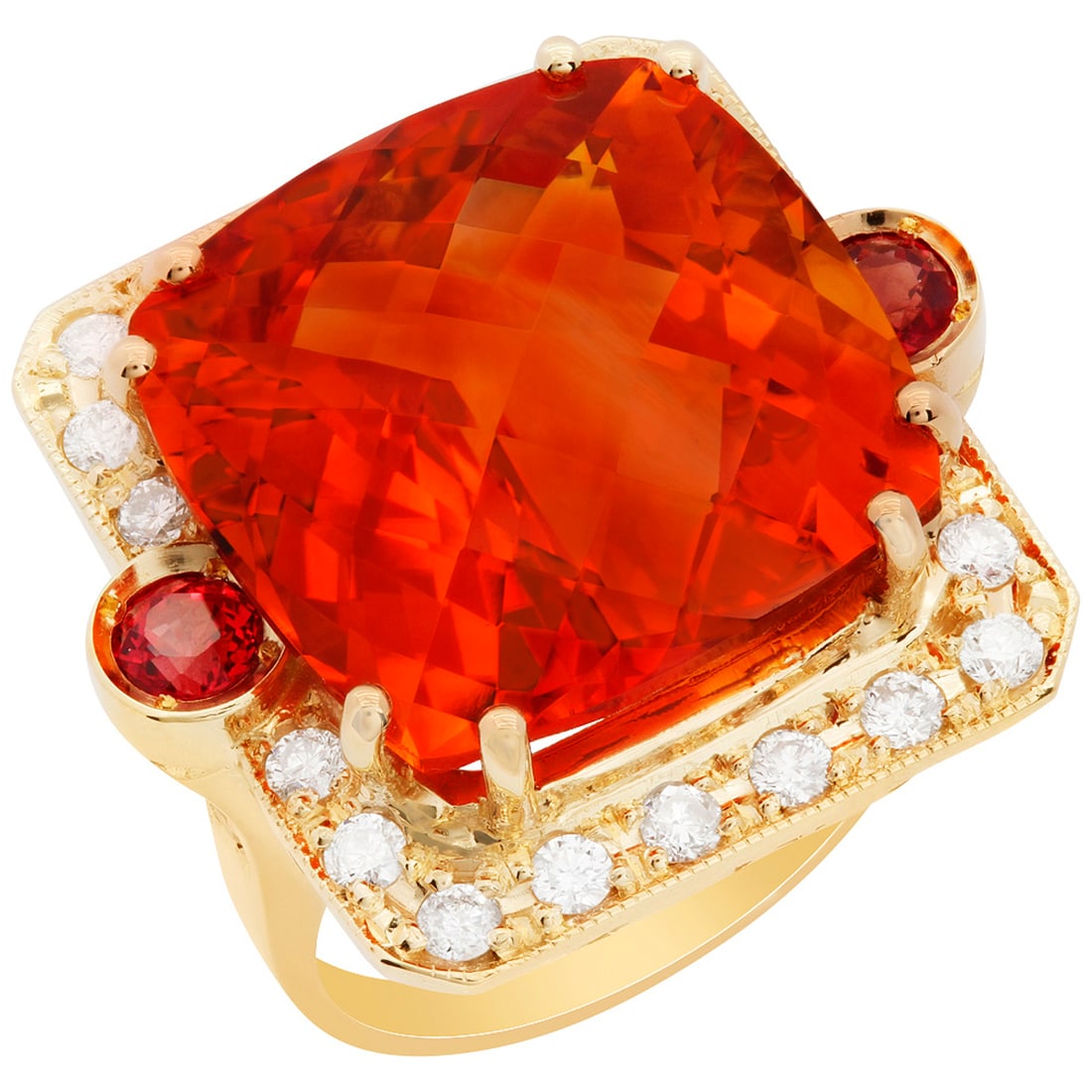 14k Yellow Gold 26.11ct Citrine 1.15ct Orange Sapphire 0.96ct Diamond Ring: Retail: $13,400.00 ****** 14k Yellow Gold 26.11ct Citrine 1.15ct Orange Sapphire 0.96ct Diamond Ring ****** Metal: 14K Yellow Gold / Total Item Weight: 16.80 grams / Country Made: United States / / Ma