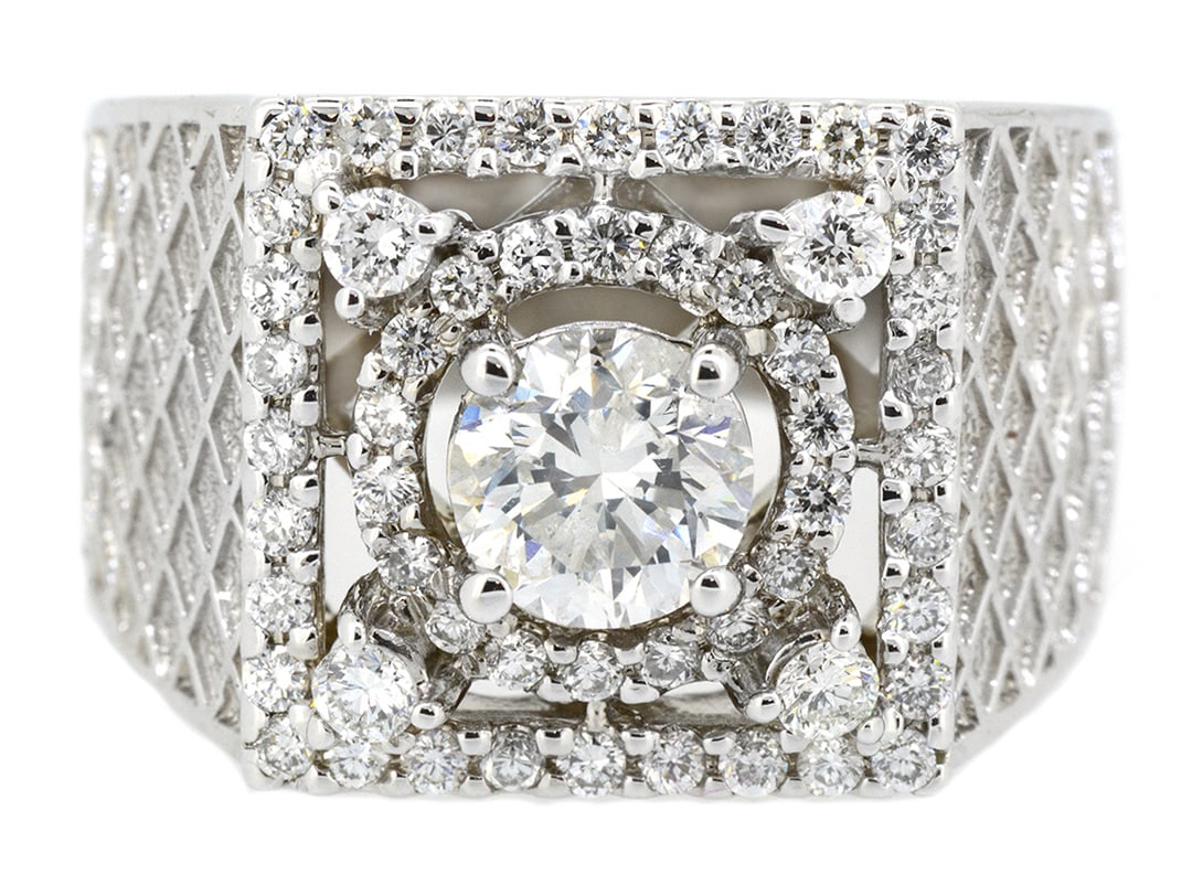 18K White Gold Mens Ring with 1.0ct Center Diamond and 0.72ct tw Adjacent Diamonds: Retail: $17,500.00 ****** 18K White Gold Mens Ring with 1.0ct Center Diamond and 0.72ct tw Adjacent Diamonds ****** Size: 10.5 / Metal: 18K White Gold / Total Item Weight: 13.72 Grams / Country Made: 
