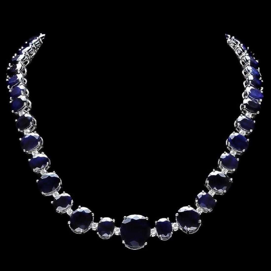 14K White Gold 164.72ct Sapphire and 1.74ct Diamond Necklace: Retail: $63,000.00 ****** 14K White Gold 164.72ct Sapphire and 1.74ct Diamond Necklace ****** Metal: 14K White Gold / Total Item Weight: 68.5 Grams / Country Made: United States / / Main Stone: Sapphi