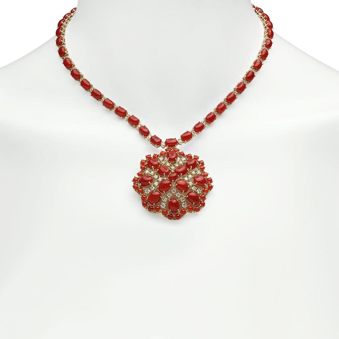 14K Gold 46.11ct Coral 3.00ct Diamond Necklace: Retail: $32,136.00 ****** 14K Gold 46.11ct Coral 3.00ct Diamond Necklace ****** Metal: 14K Solid Gold / Total Item Weight: 44.1 grams / Country Made: United States / / Main Stone: Coral / Color: Reddi