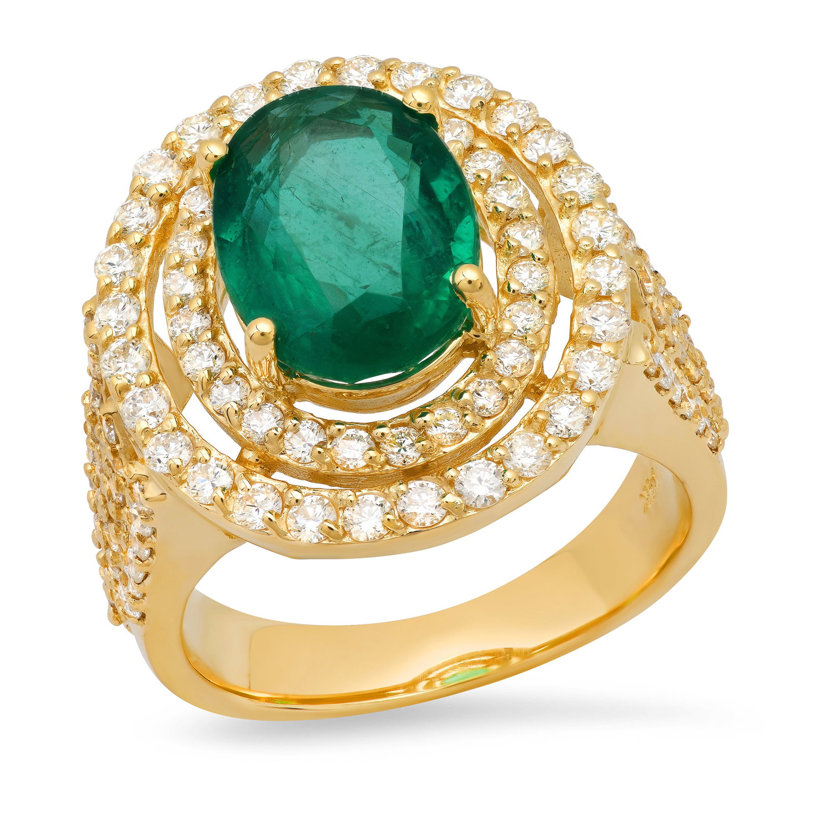 14K Yellow Gold 3.97ct Emerald and 1.83ct Diamond Ring: Retail: $21,736.00 ****** 14K Yellow Gold 3.97ct Emerald and 1.83ct Diamond Ring ****** Size: 7 (we offer free resizing to winning bidders) / Metal: 14K Yellow Gold / Total Item Weight: 10.0 Grams /