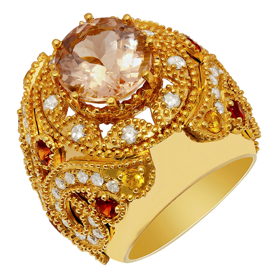 14k Yellow Gold 5.25ct Morganite 0.75ct Sapphire 1.61ct Diamond Ring: Retail: $10,735.00 ****** 14k Yellow Gold 5.25ct Morganite 0.75ct Sapphire 1.61ct Diamond Ring ****** Metal: 14K Yellow Gold / Total Item Weight: 21.20 grams / Country Made: United States / / Main Sto