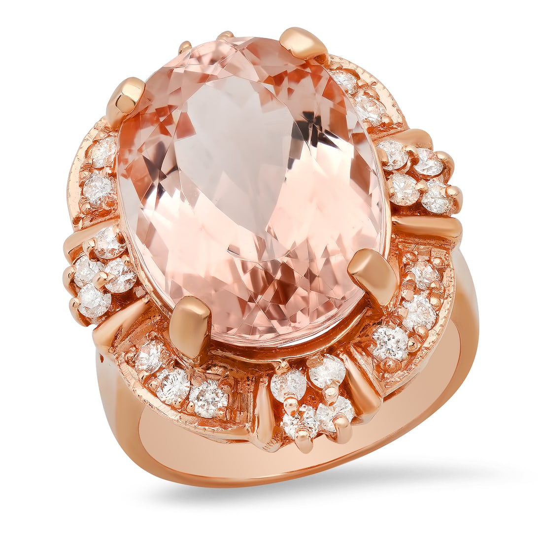 14K Rose Gold 14.23ct Morganite and 0.85ct Diamond Ring: Retail: $13,285.00 ****** 14K Rose Gold 14.23ct Morganite and 0.85ct Diamond Ring ****** Size: 7(we offer free resizing to winning bidders) / Metal: 14K Rose Gold / Total Item Weight: 12.1 Grams / Cou