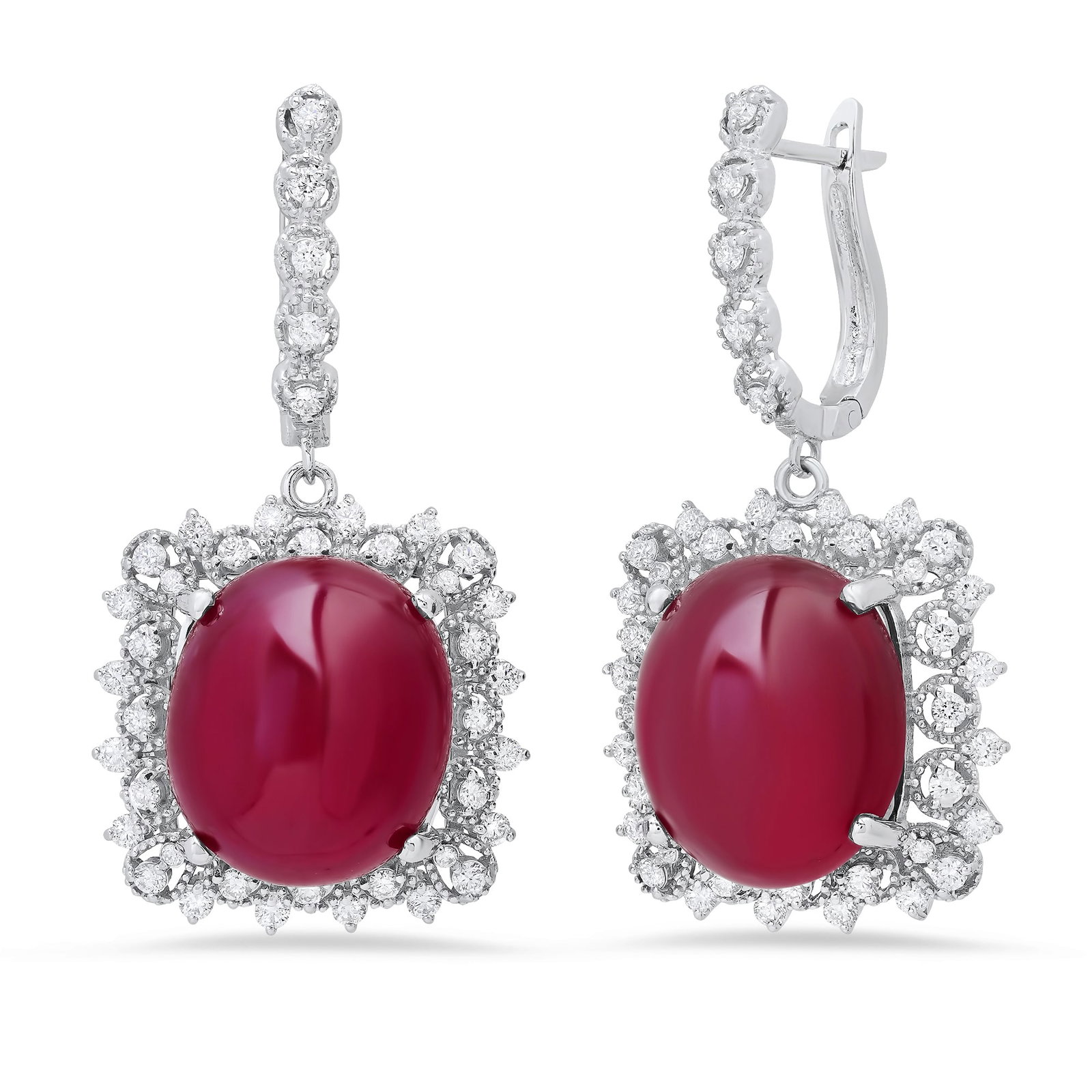 14K White Gold Ladies Earrings with 43.81ct Rubies and 2.30tcw Diamond Earrings: Retail: $29,340.00 ****** 14K White Gold Ladies Earrings with 43.81ct Rubies and 2.30tcw Diamond Earrings ****** Metal: 14K White Gold / Total Item Weight: 17.9 Grams / Country Made: United States / /