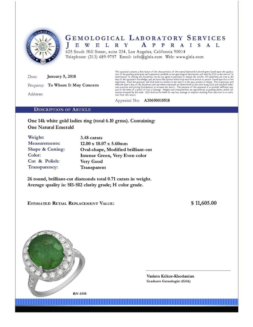 14k White Gold 3.48ct Emerald 0.71ct Diamond Ring - 5