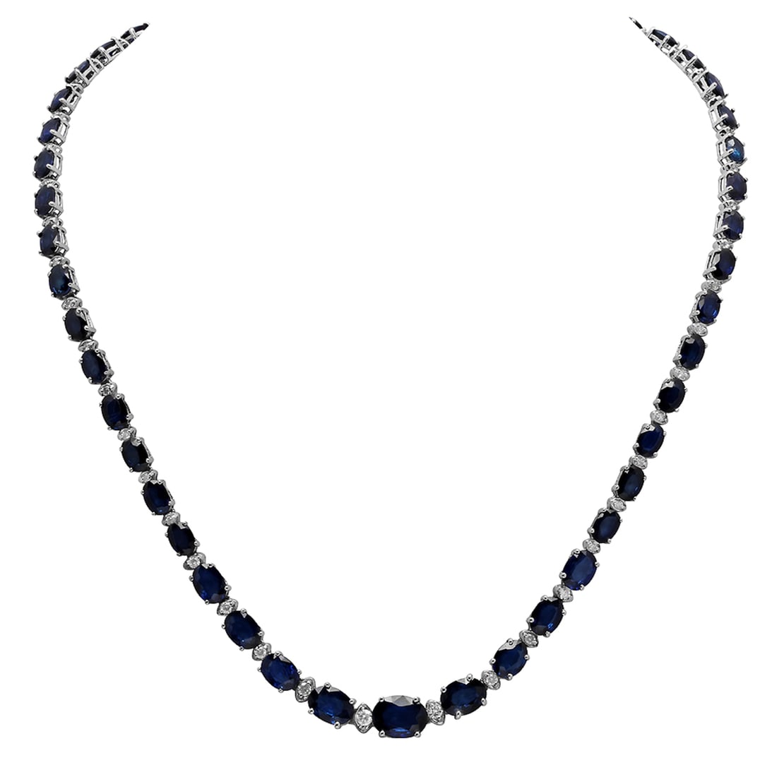 14k White Gold 34.60ct Sapphire 1.78ct Diamond Necklace: Retail: $18,630.00 ****** 14k White Gold 34.60ct Sapphire 1.78ct Diamond Necklace ****** Metal: 14K White Gold / Total Item Weight: 24.00 grams / Country Made: United States / / Main Stone: Sapphire /