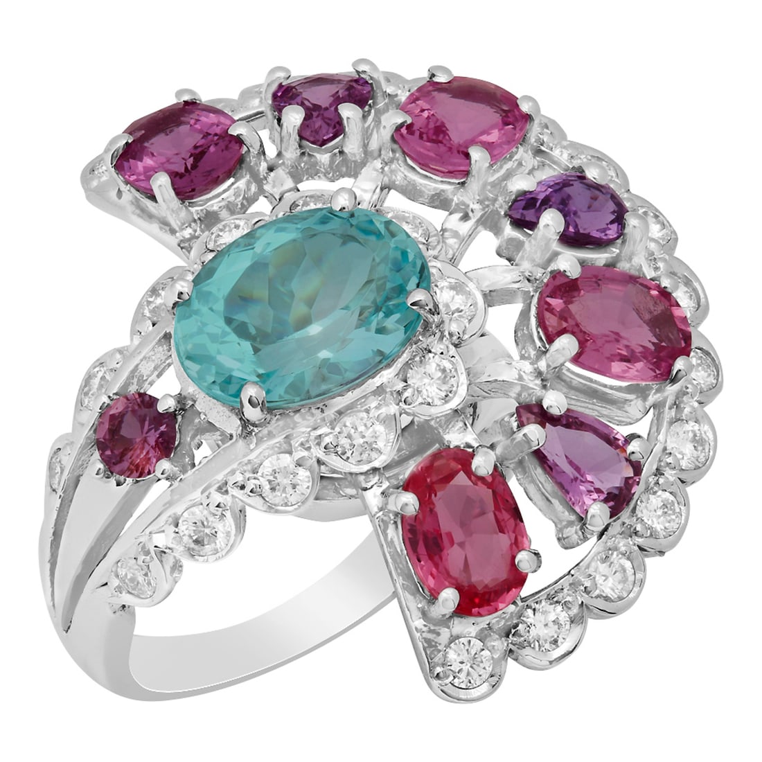 14k White Gold 3.04ct Aquamarine 5.36ct Pink Sapphire 1.02ct Diamond Ring: Retail: $5,130.00 ****** 14k White Gold 3.04ct Aquamarine 5.36ct Pink Sapphire 1.02ct Diamond Ring ****** Metal: 14K White Gold / Total Item Weight: 12.60 grams / Country Made: United States / / Main 