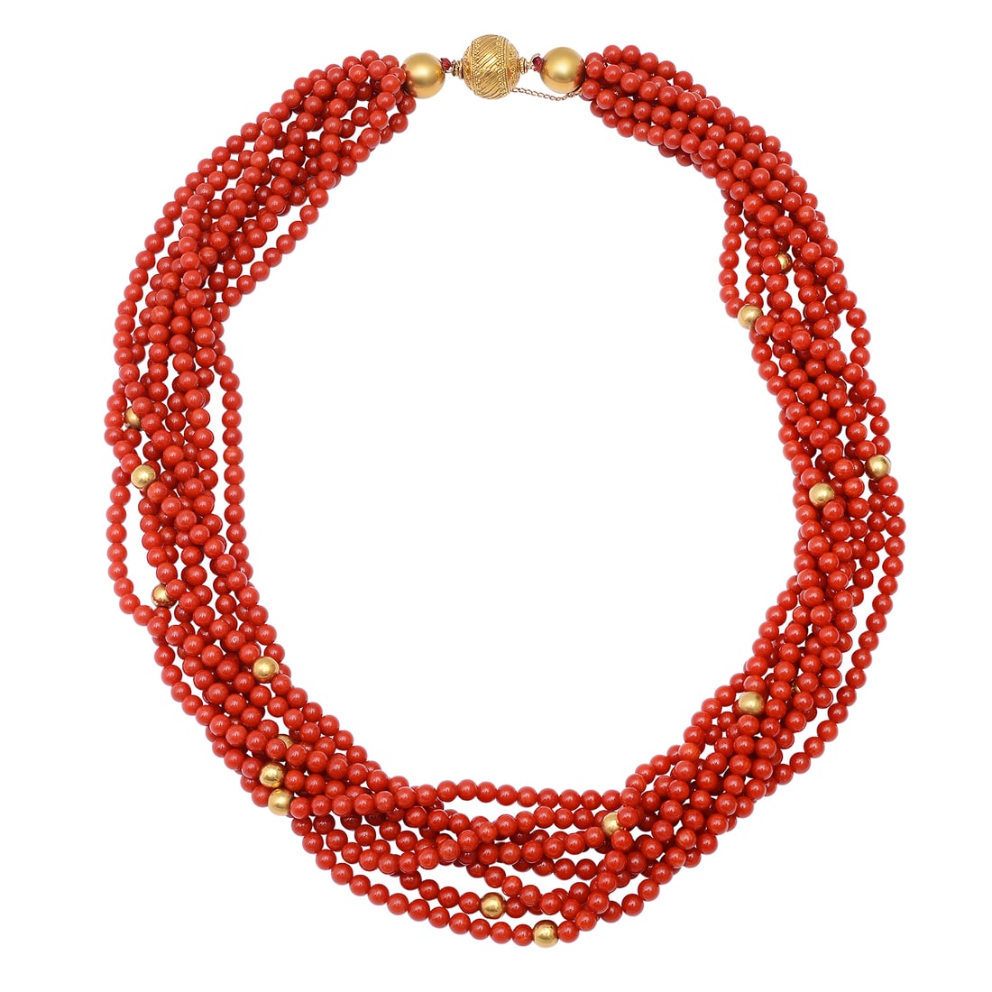 Eight Strand 4mm Coral Beaded Necklace with 14K Gold Clasp (1 of 3)