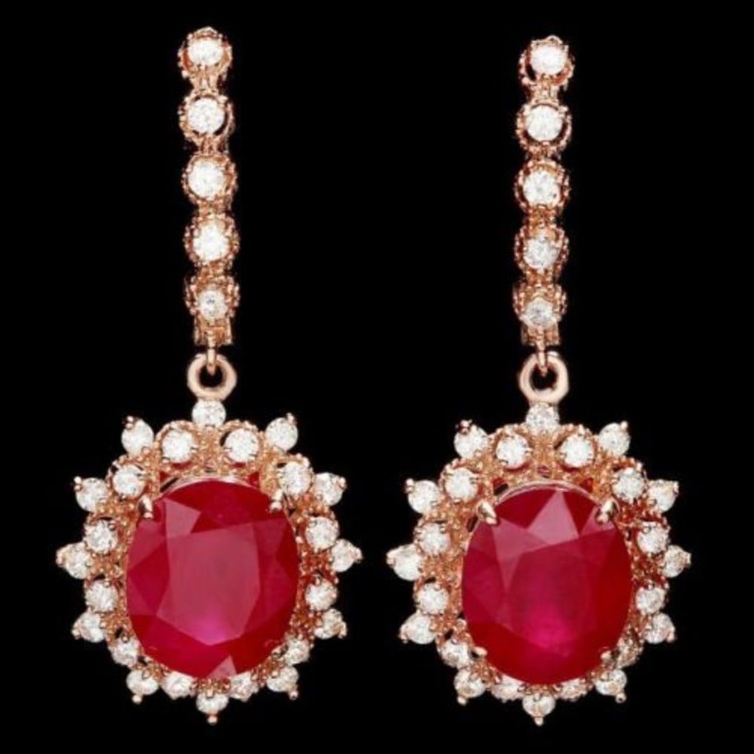 14k Rose 14.33ct Ruby 1.57ct Diamond Earrings: Retail: $12,900.00 ****** 14k Rose 14.33ct Ruby 1.57ct Diamond Earrings ****** Metal: 14k Solid Rose Gold / Total Item Weight: 10.5 grams / Country Made: United States / / Main Stone: Ruby / Color: Re
