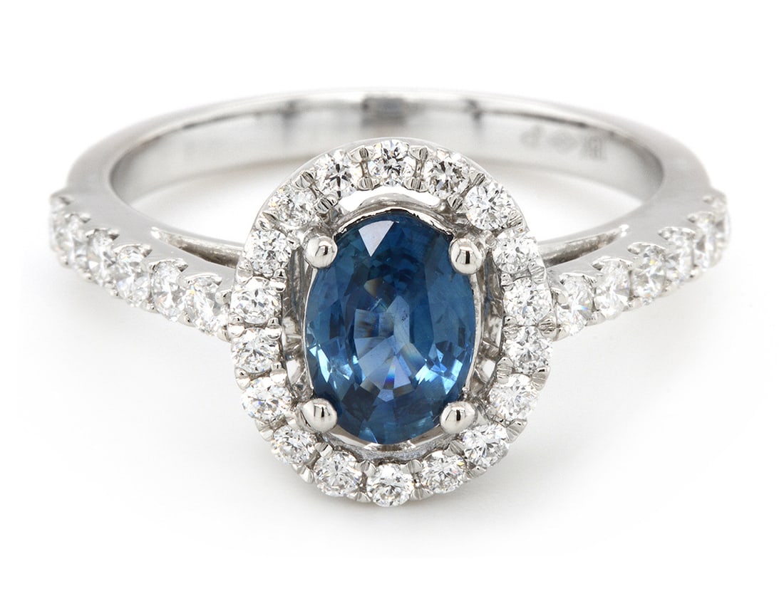 18K White Gold Ladies Ring with 1.05ct Sapphire and 0.55ct tw Diamonds: Retail: $3,750.00 ****** 18K White Gold Ladies Ring with 1.05ct Sapphire and 0.55ct tw Diamonds ****** Size: 6.5 / Metal: 18K White Gold / Total Item Weight: 3.7 Grams / Country Made: United States / 