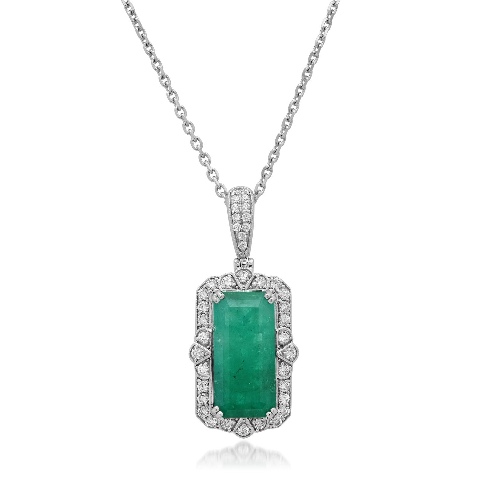 Platinum Ladies Necklace with 7.31ct GIA Certified Emerald and 0.79tcw Adjacent Diamonds: Retail: $31,520.00 ****** Platinum Ladies Necklace with 7.31ct GIA Certified Emerald and 0.79tcw Adjacent Diamonds ****** Size: 1.5 long 5/8" wide 18" Chain / Metal: Platinum / Total Item Weight: 14.3