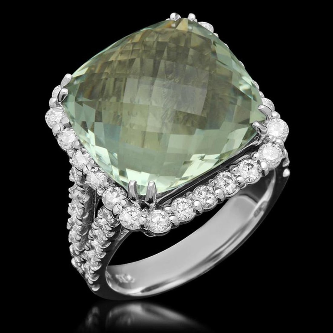14K White Gold 11.29ct Praseolite Quartz and 1.52ct Diamond Ring: Retail: $9,370.00 ****** 14K White Gold 11.29ct Praseolite Quartz and 1.52ct Diamond Ring ****** Metal: 14K White Gold / Total Item Weight: 11.0 Grams / Country Made: United States / / Main Stone:
