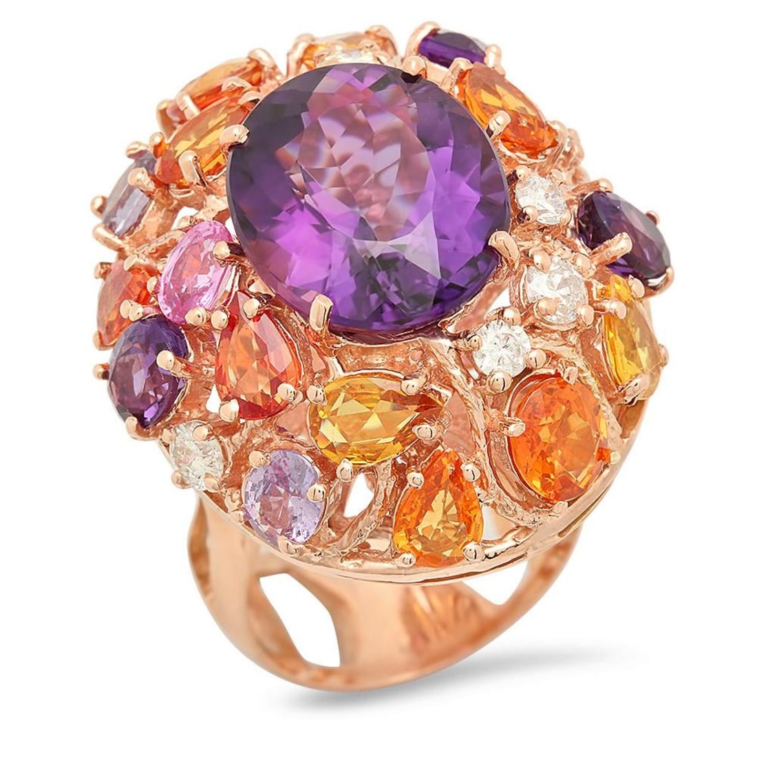 14K Rose Gold 8.55ct Amethyst 6.46ct Sapphire and 0.79ct Diamond Ring: Retail: $9,790.00 ****** 14K Rose Gold 8.55ct Amethyst 6.46ct Sapphire and 0.79ct Diamond Ring ****** Metal: 14K Rose Gold / Total Item Weight: 16.2 Grams / Country Made: United States / / Main Stone: