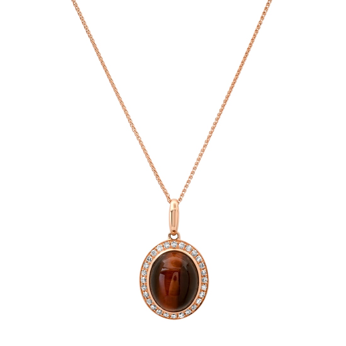14K Rose Gold Setting with 3.50ct Tiger's Eye and 0.22ct Diamond LALI" Designor Pendant": Retail: $2,670.00 ****** 14K Rose Gold Setting with 3.50ct Tiger's Eye and 0.22ct Diamond LALI" Designor Pendant ****** Size: 18" / Metal: 14K Rose Gold / Total Item Weight: 3.5 Grams / Country Made: