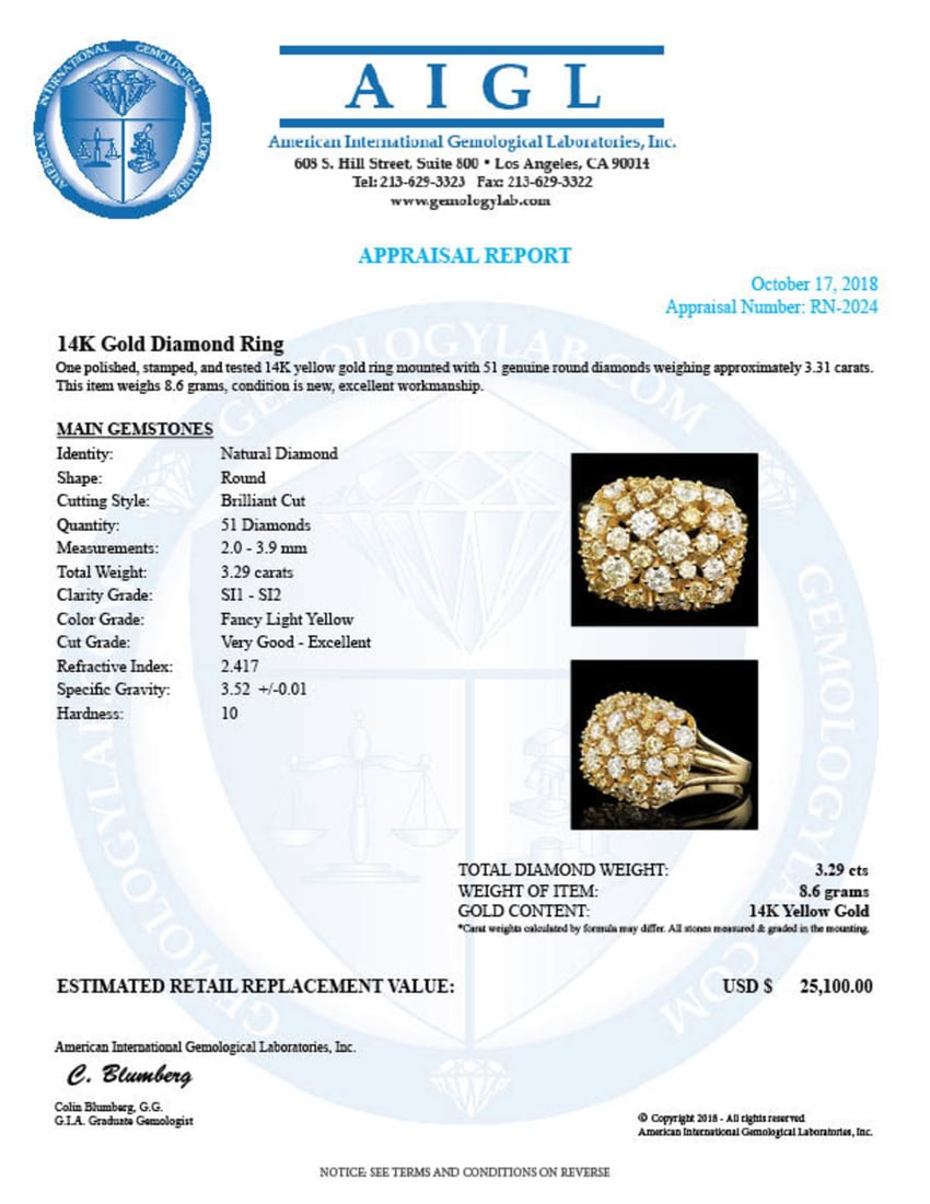 14K Yellow Gold 3.29ct Diamond Ring - 5