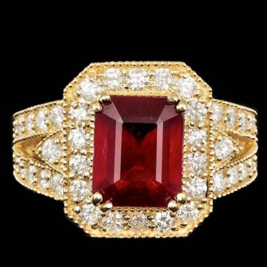 14K Yellow Gold 5.13ct Ruby and 1.47ct Diamond Ring: Retail: $12,415.00 ****** 14K Yellow Gold 5.13ct Ruby and 1.47ct Diamond Ring ****** Metal: 14K Yellow Gold / Total Item Weight: 8.8 Grams / Country Made: United States / / Main Stone: Ruby / Color: