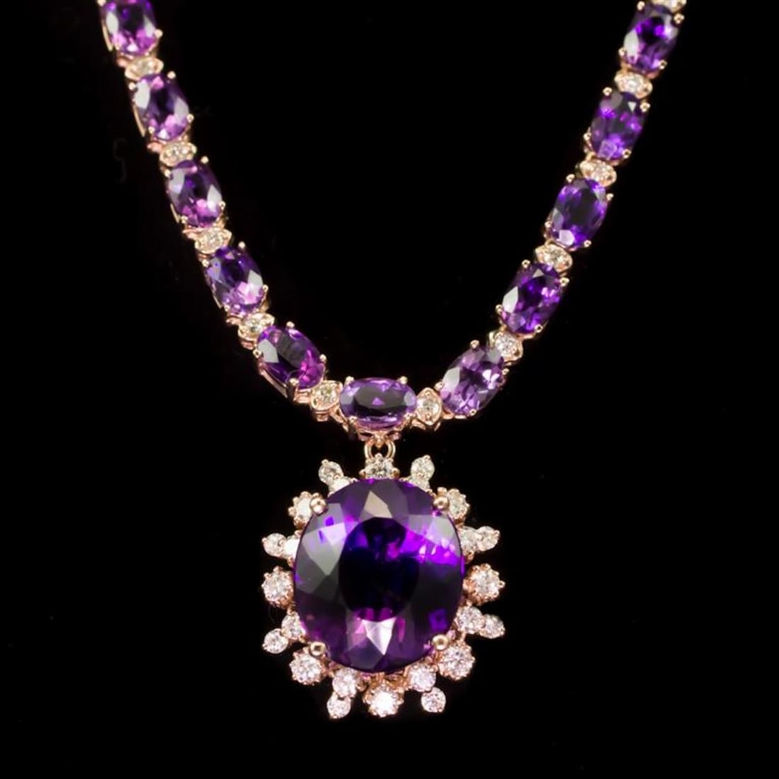 14K Gold 30.86ct Amethyst 2.52ct Diamond Necklace: Retail: $18,500.00 ****** 14K Gold 30.86ct Amethyst 2.52ct Diamond Necklace ****** Metal: 14K Solid Rose Gold / Total Item Weight: 23.6 grams / Country Made: United States / / Main Stone: Amethyst /
