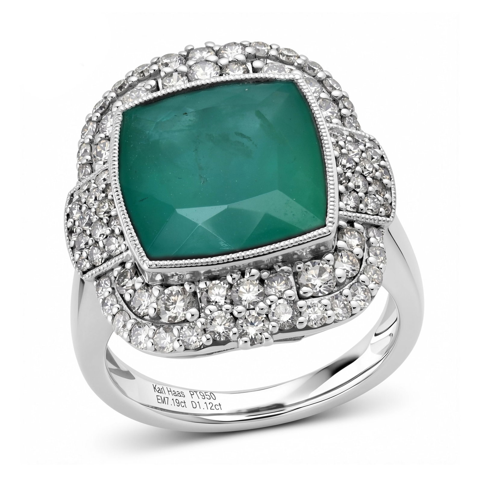 Platinum Ladies Ring with 7.19ct GIA Certified Emerald and 1.12tcw Adjacent Diamonds: Retail: $38,640.00 ****** Platinum Ladies Ring with 7.19ct GIA Certified Emerald and 1.12tcw Adjacent Diamonds ****** Size: 7 / Metal: Platinum / Total Item Weight: 13.6 Grams / Country Made: United