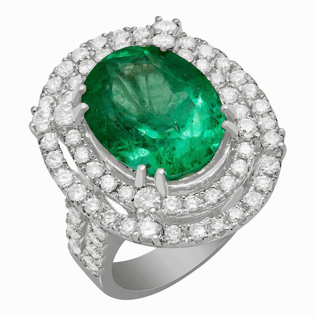 14k White Gold 9.01ct Emerald 2.40ct Diamond Ring: Retail: $28,765.00 ****** 14k White Gold 9.01ct Emerald 2.40ct Diamond Ring ****** Metal: 14K White Gold / Total Item Weight: 13.30 grams / Country Made: United States / / Main Stone: Emerald /