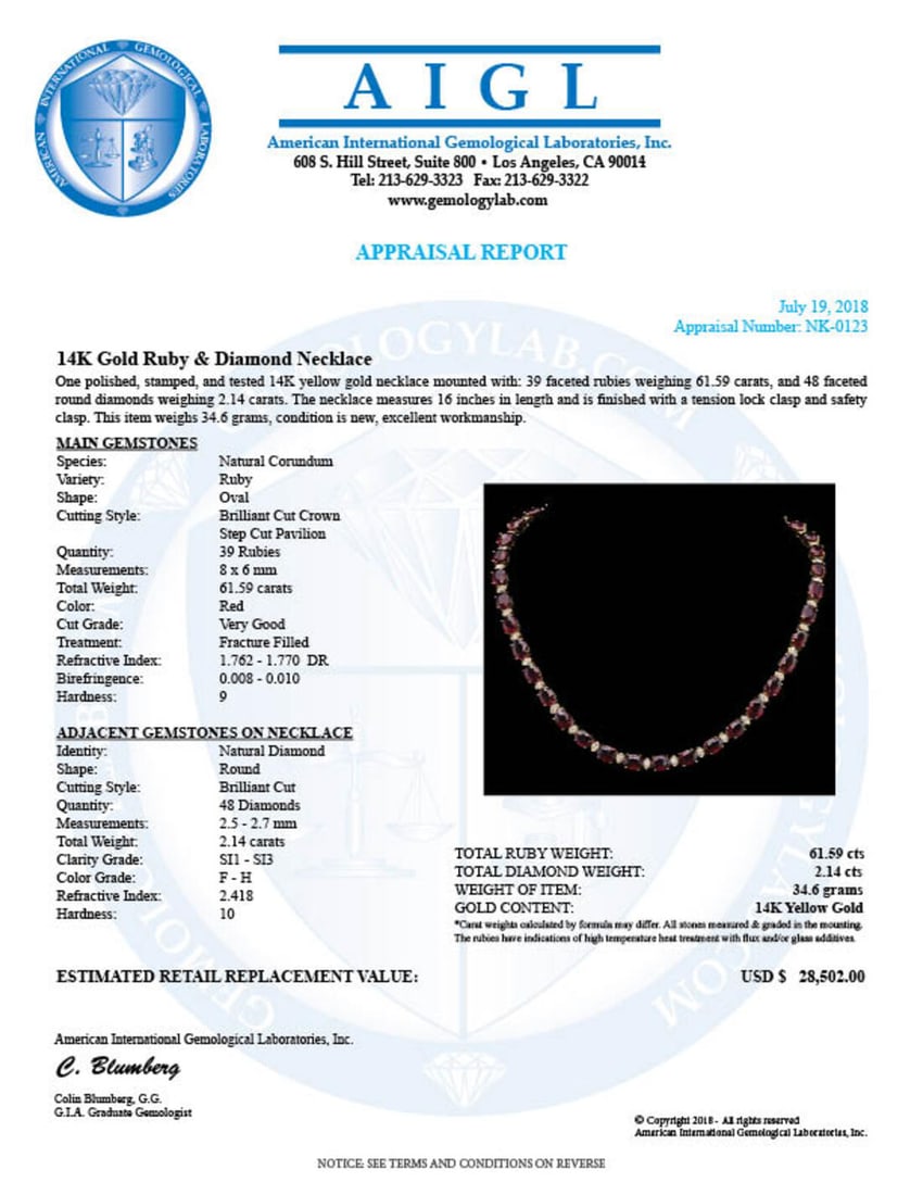 14K Gold 61.59ct Ruby & 2.14ct Diamond Necklace - 3