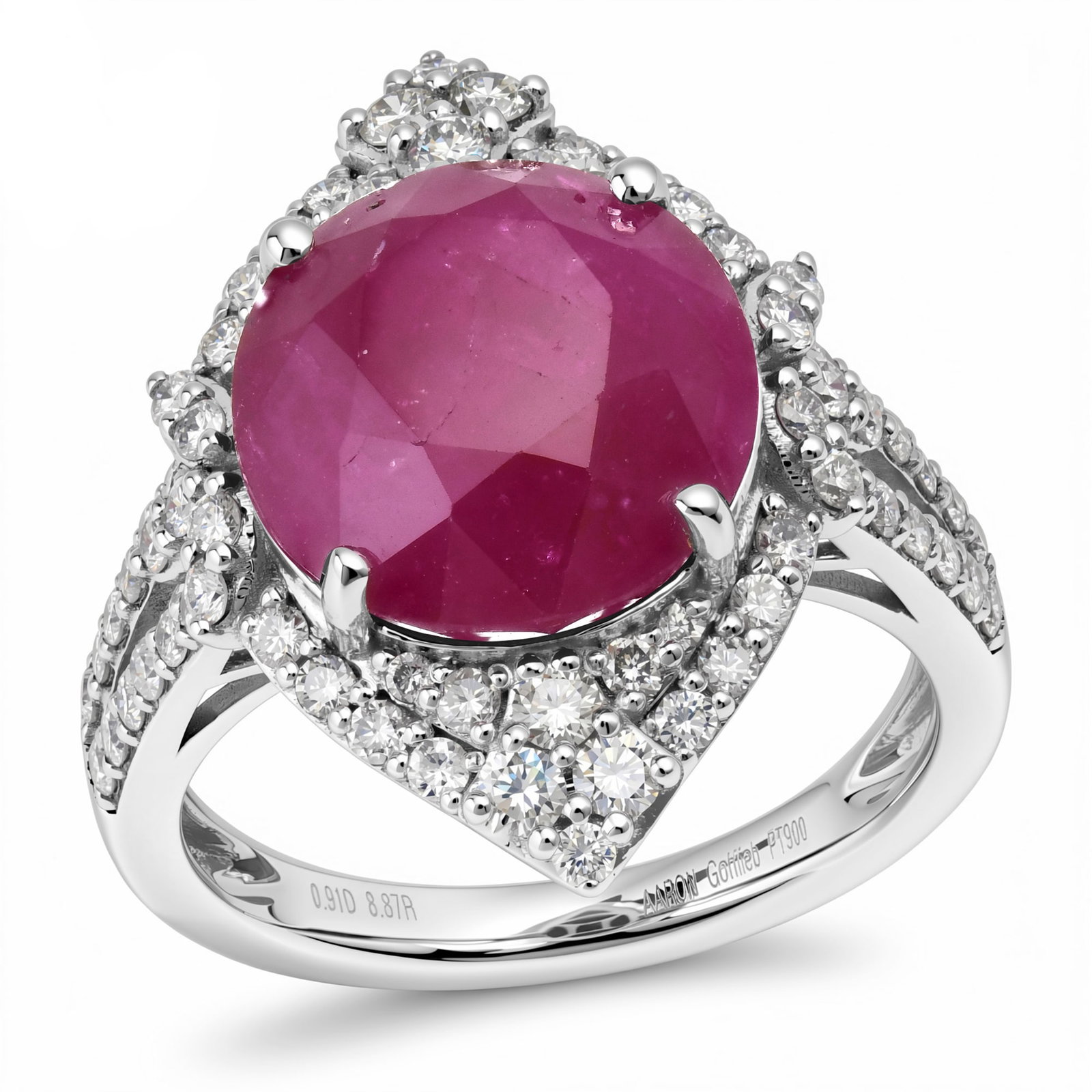 Platinum Ladies Ring with 8.87ct GIA Certified Ruby and 0.91tcw Adjacent Diamonds: Retail: $36,900.00 ****** Platinum Ladies Ring with 8.87ct GIA Certified Ruby and 0.91tcw Adjacent Diamonds ****** Size: 7 / Metal: Platinum / Total Item Weight: 9.0 Grams / Country Made: United