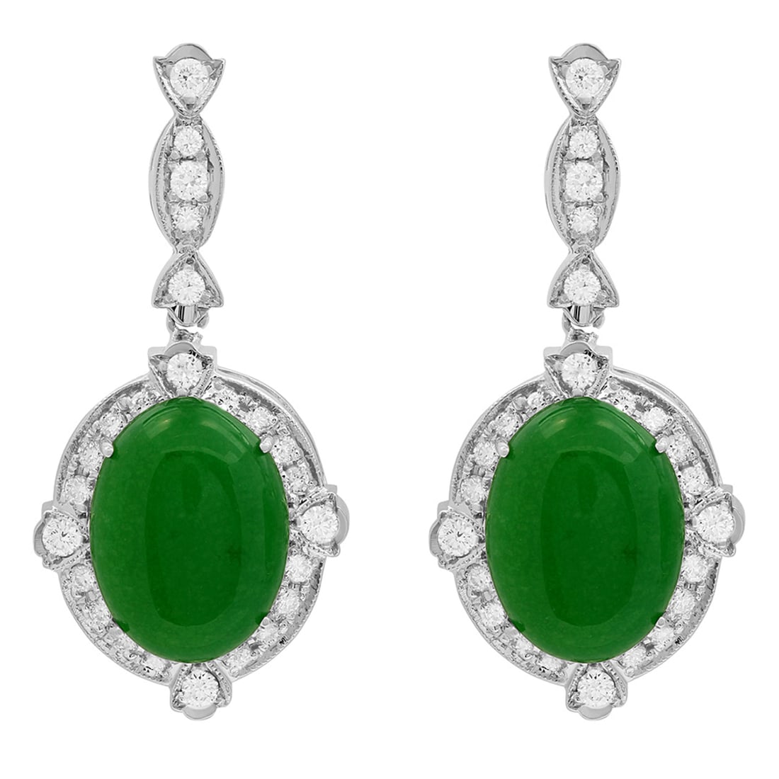 14k White Gold 12.89ct Jade 1.73ct Diamond Earrings: Retail: $6,925.00 ****** 14k White Gold 12.89ct Jade 1.73ct Diamond Earrings ****** Metal: 14K White Gold / Total Item Weight: 11.50 grams / Country Made: United States / / Main Stone: Jade / Color: I