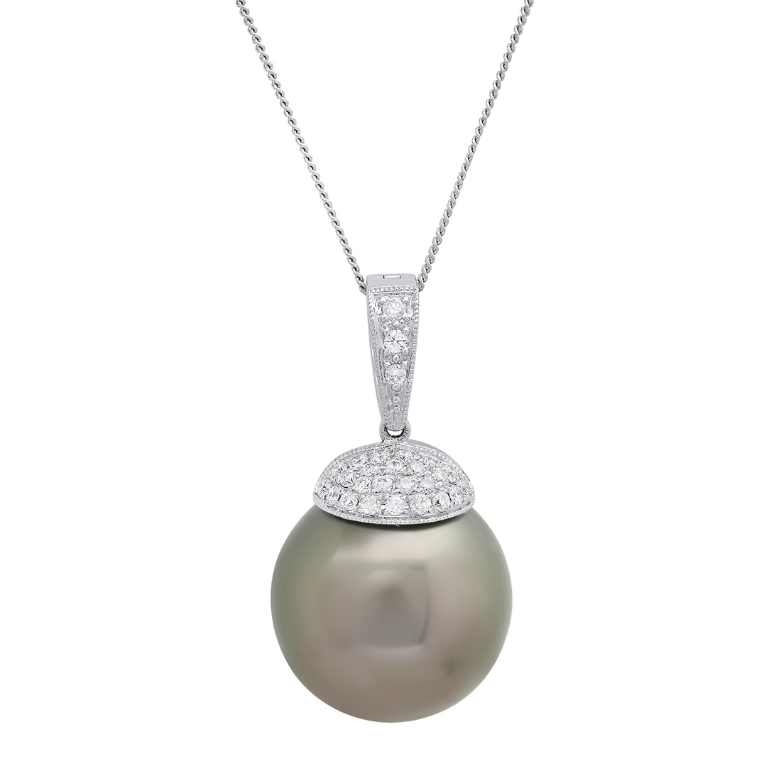 18K White Gold Setting with 15MM Tahitian Pearl and 0.22ct Diamond Pendant: Retail: $7,650.00 ****** 18K White Gold Setting with 15MM Tahitian Pearl and 0.22ct Diamond Pendant ****** Size: 18 Inches / Metal: 18K White Gold / Total Item Weight: 8.0 Grams / Country Made: United