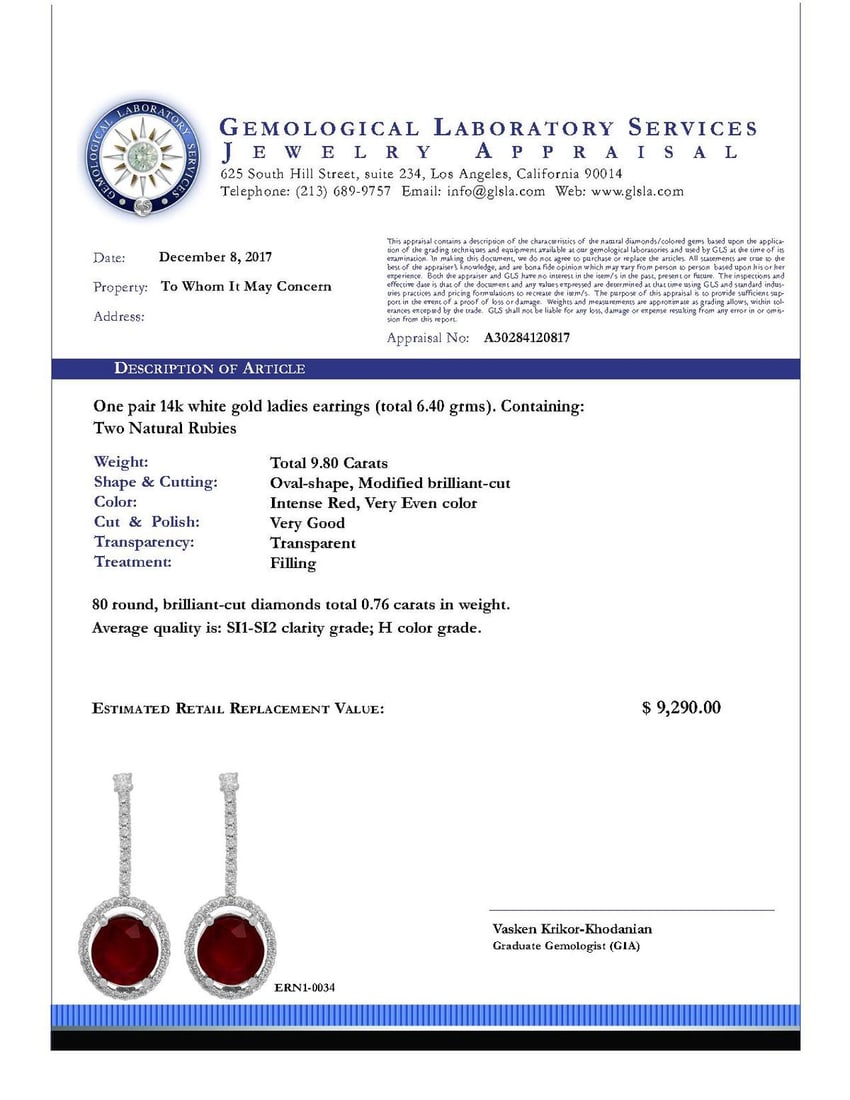 14k White Gold 9.80ct Ruby 0.76ct Diamond Earrings - 4