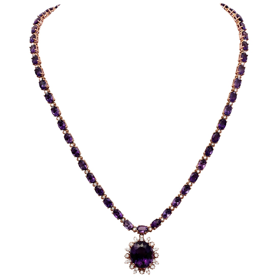 14k Rose Gold 31.14ct Amethyst 2.47ct Diamond Necklace: Retail: $14,875.00 ****** 14k Rose Gold 31.14ct Amethyst 2.47ct Diamond Necklace ****** Metal: 14K Rose Gold / Total Item Weight: 23.90 grams / Country Made: United States / / Main Stone: Amethyst / C