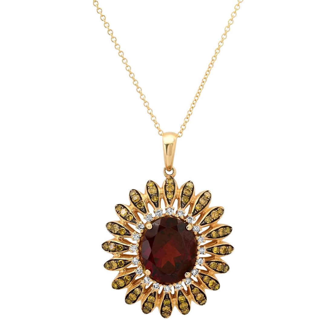 14K Yellow Gold Setting with 5.4ct Garnet and 1.20TCW Diamond LALI" Designor Pendant": Retail: $7,300.00 ****** 14K Yellow Gold Setting with 5.4ct Garnet and 1.20TCW Diamond LALI" Designor Pendant ****** Size: 18" / Metal: 14K Yellow Gold / Total Item Weight: 8.4 Grams / Country Made: U