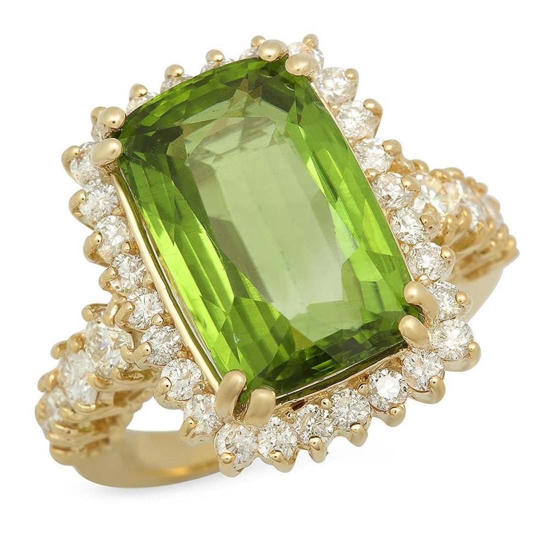 14K Yellow Gold 10.07ct Peridot and 1.69ct Diamond Ring: Retail: $10,460.00 ****** 14K Yellow Gold 10.07ct Peridot and 1.69ct Diamond Ring ****** Metal: 14K Yellow Gold / Total Item Weight: 8.9 Grams / Country Made: United States / / Main Stone: Peridot / C