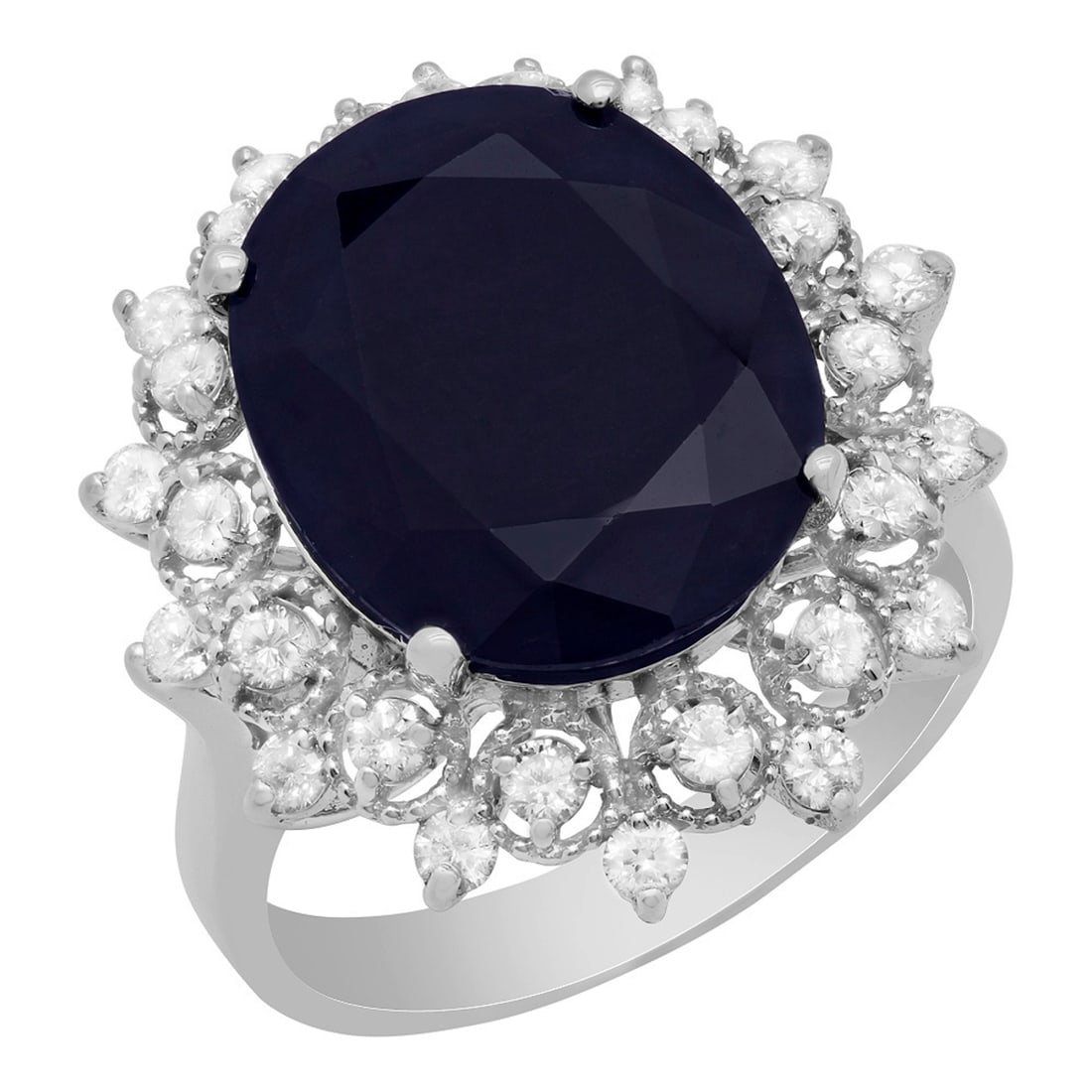 14K Gold 10.63ct Sapphire and 0.73ct Diamond Ring: Retail: $8,850.00 ****** 14K Gold 10.63ct Sapphire and 0.73ct Diamond Ring ****** Metal: 14K White Gold / Total Item Weight: 6.50 Grams / Country Made: United States / / Main Stone: Sapphire / Color: