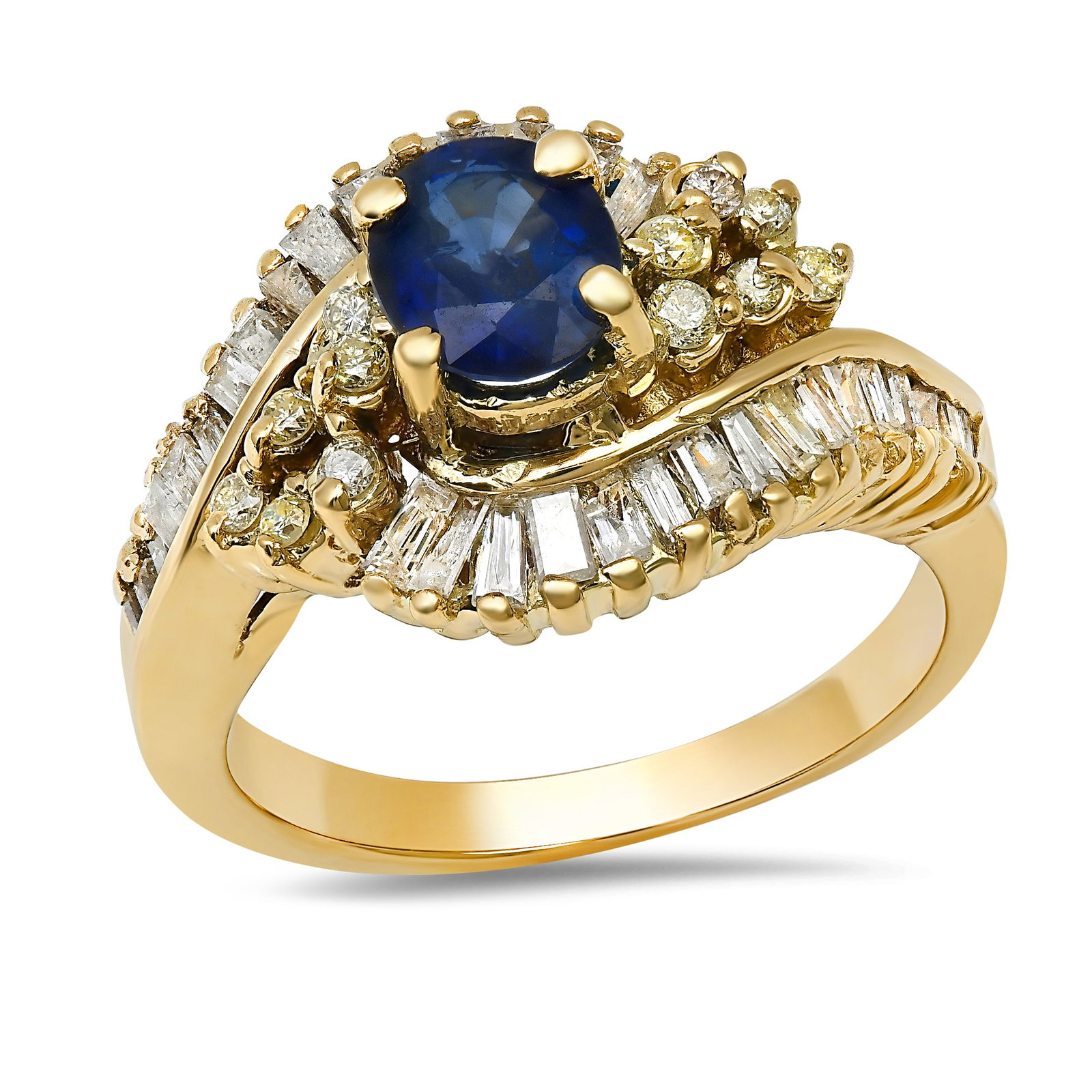 14K Yellow Gold Ladies Ring with 0.84ct Sapphire and 1.06tcw Adjacent Diamonds: Retail: $4,800.00 ****** 14K Yellow Gold Ladies Ring with 0.84ct Sapphire and 1.06tcw Adjacent Diamonds ****** Size: 6.5 (we offer free resizing to winning bidders) / Metal: 14K Yellow Gold / Total It