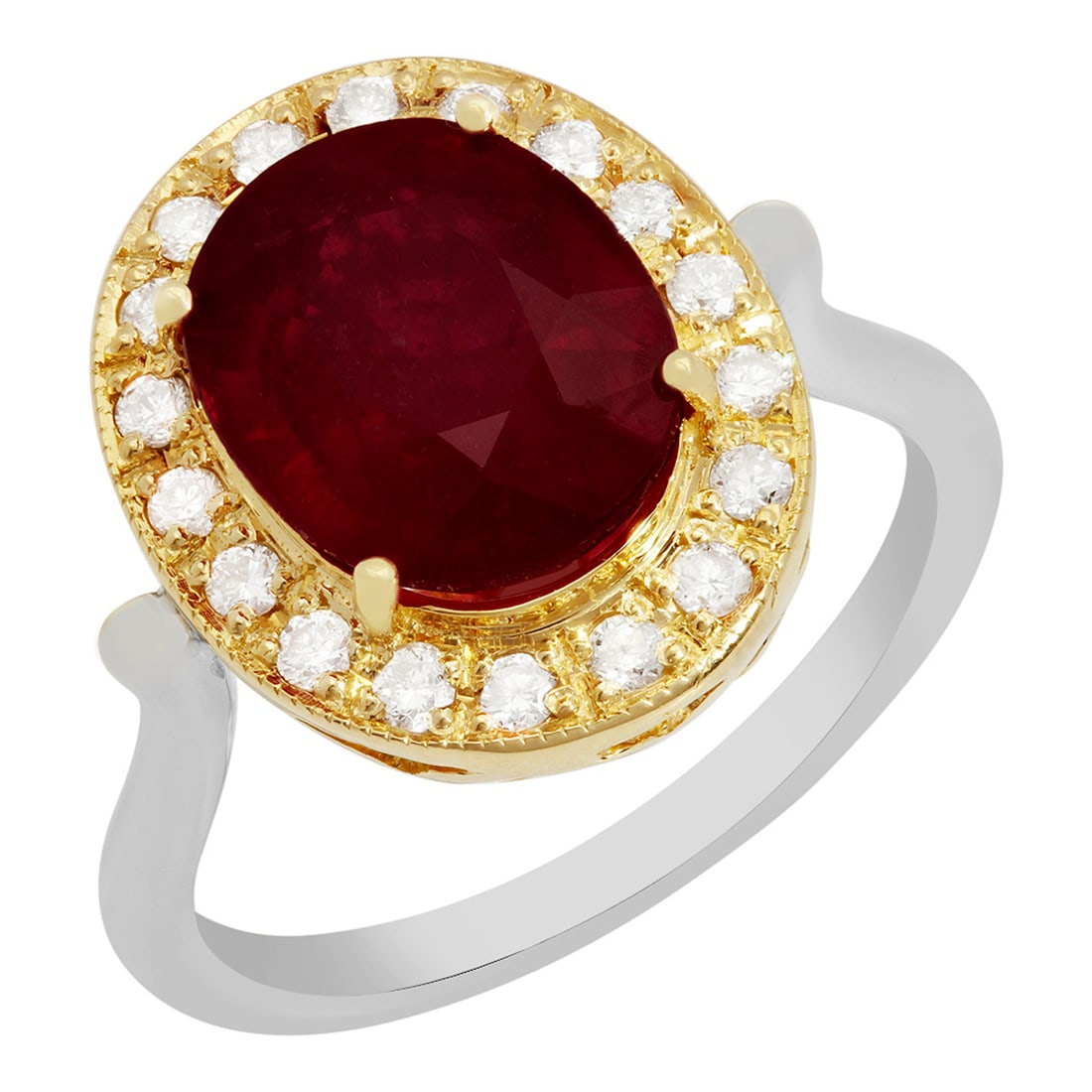 14k Yellow & White Gold 5.50ct Ruby 0.42ct Diamond Ring: Retail: $7,450.00 ****** 14k Yellow & White Gold 5.50ct Ruby 0.42ct Diamond Ring ****** Metal: 14K Yellow & White Gold / Total Item Weight: 6.50 grams / Country Made: United States / / Main Stone: Rub